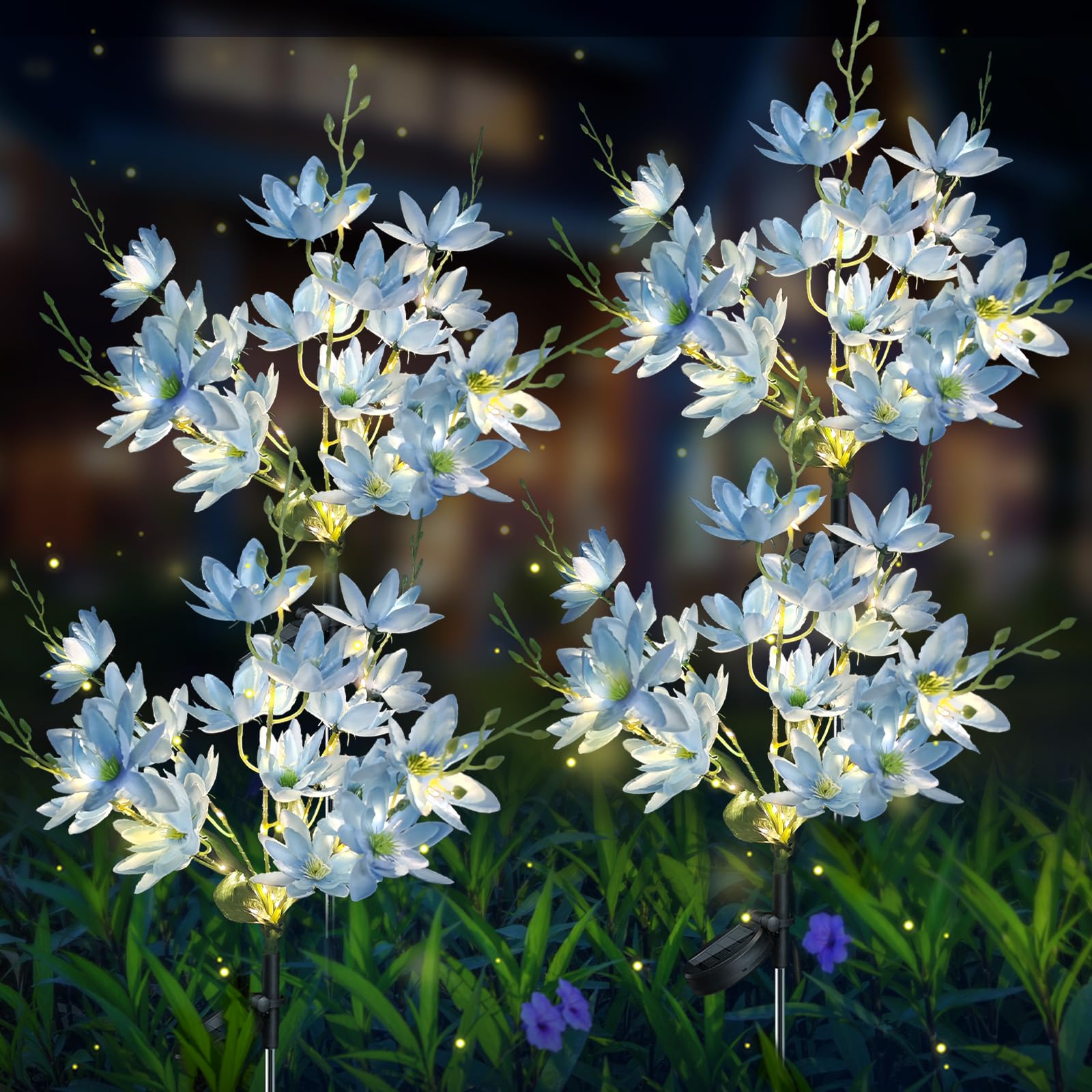Neporal Solar Flowers 5-Head Snow Lotus, Waterproof IP65, Warm LED Light, 4 Packs, Blue