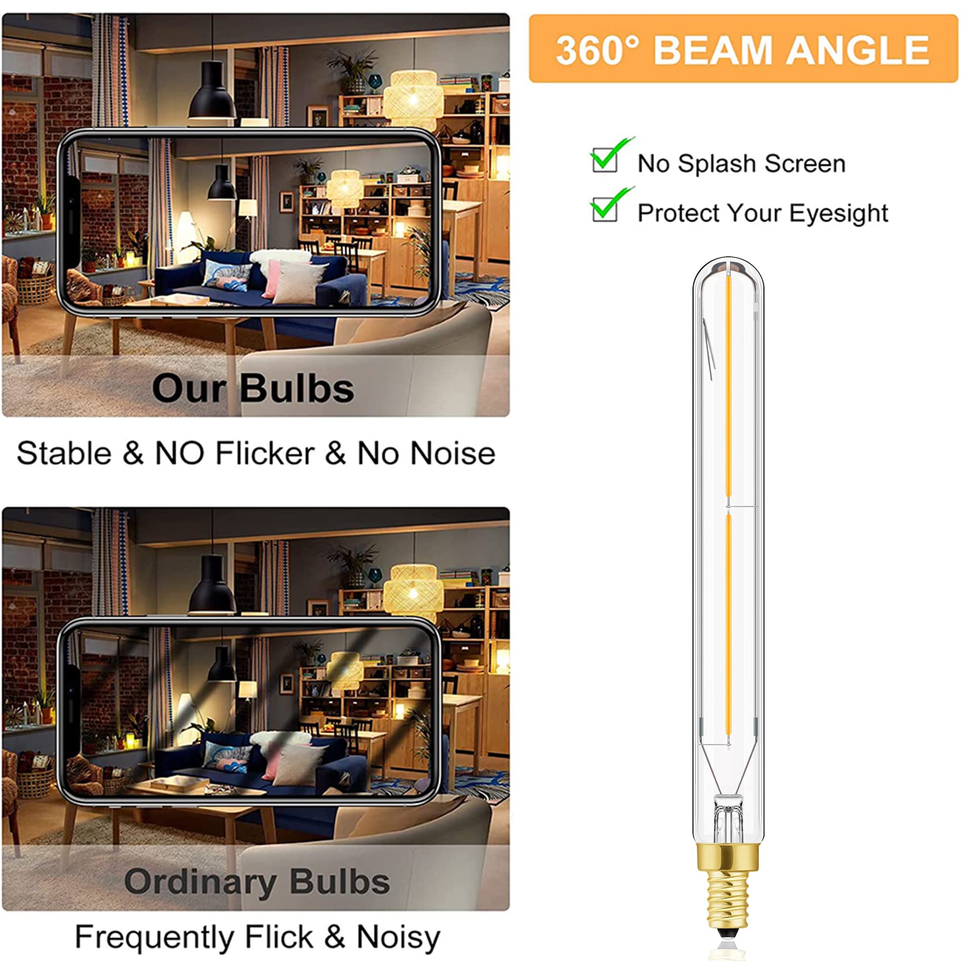 LVYE E12 Long Tubular LED Bulbs, 4W Soft White 3000K, 400lm, 7.3 Inch, Glass, Pack of 6, Vintage Edison Candle