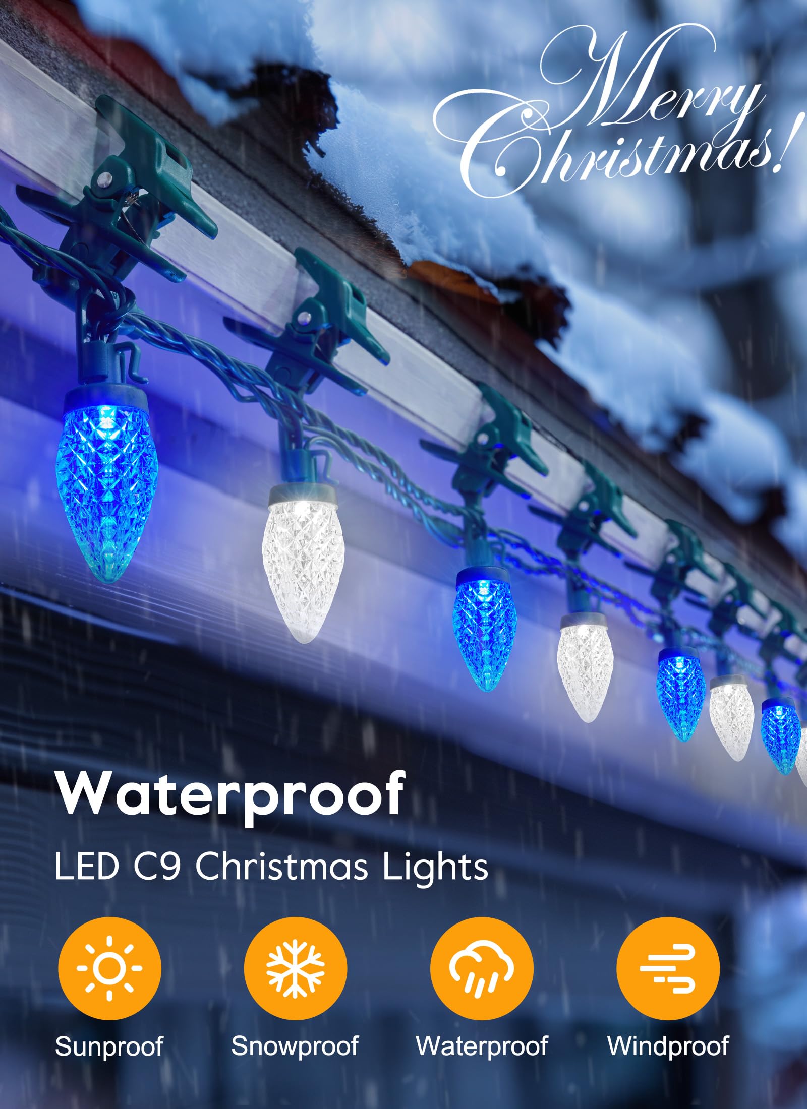 Minetom C9 LED Christmas Lights Outdoor, 68Ft, 100 LED, Waterproof, Blue & Pure White, Model GY-C9-X-33-3B
