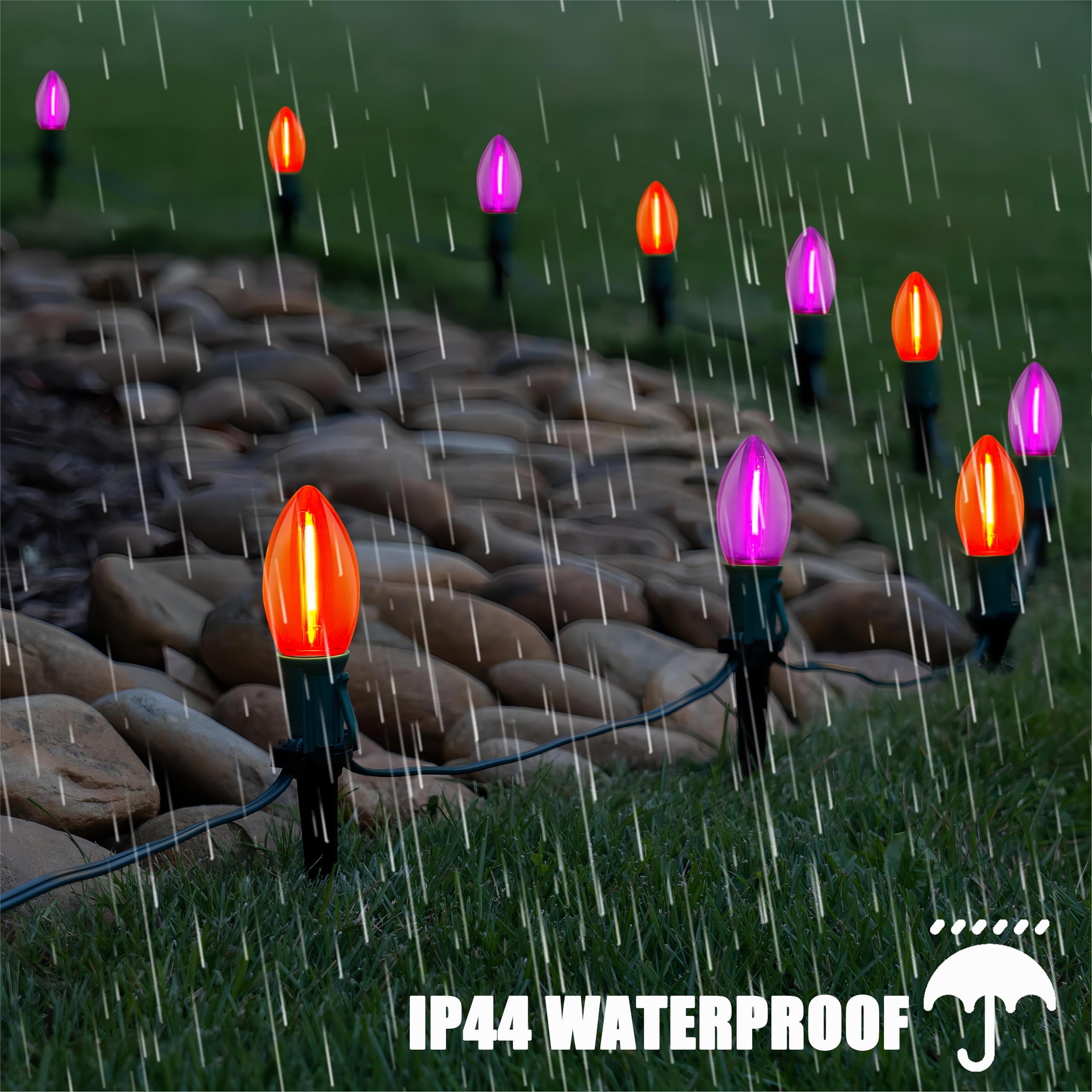 19.5Ft Led Halloween Pathway Lights Outdoor With 10 C9 Led Orange Purple Lights, Outdoor Halloween Decoration Pathway Marker Sta