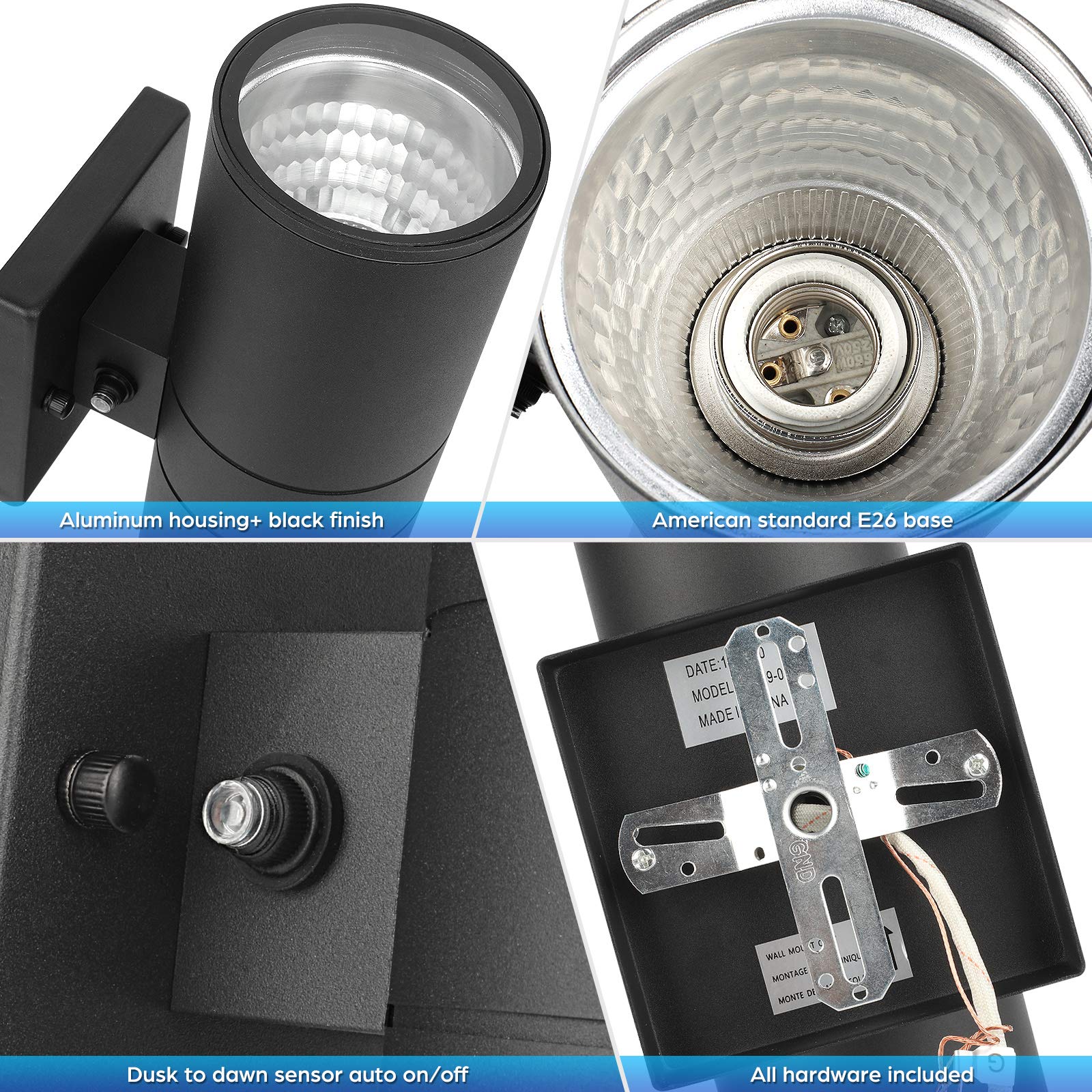 TOBUSA Modern Outdoor Wall Light, Waterproof Aluminum, Dusk to Dawn Sensor, 2-Pack, Black, Model W6069-02-BK