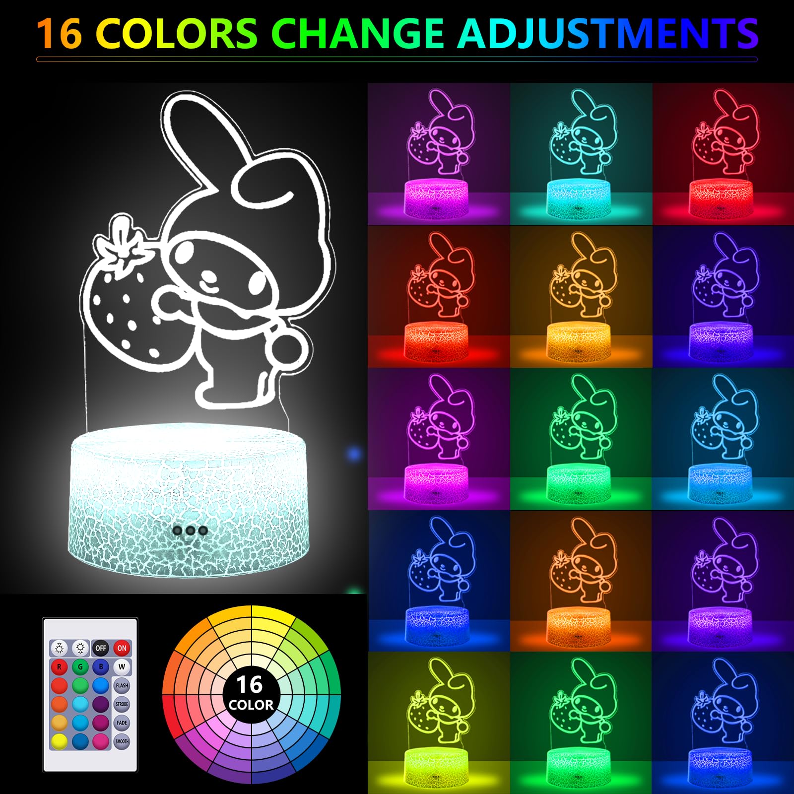 Cobiku 3D Illusion Night Light For Kids - Cute Lamp Led Night Light Anime Charater 16 Colours Change With Remote Control Kitty Lamp Room Decor Birthdays Holidays Christmas Gifts For Kids And Girls