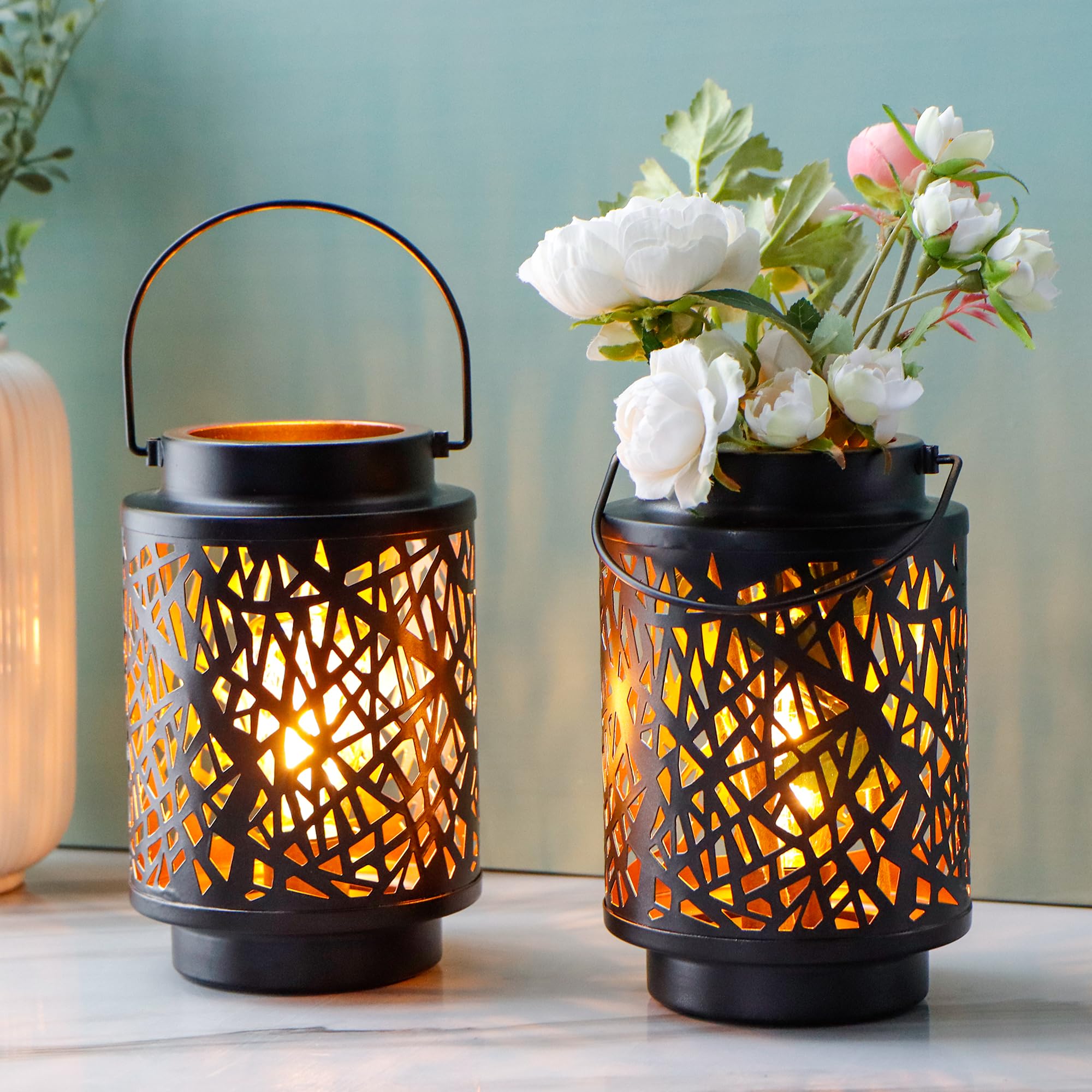 JHY DESIGN Set of 2 LED Battery Operated Table Lamp 8H Cordless Lamp Light with 6-Hours Timer Metal Black Battery Lamp for Patio