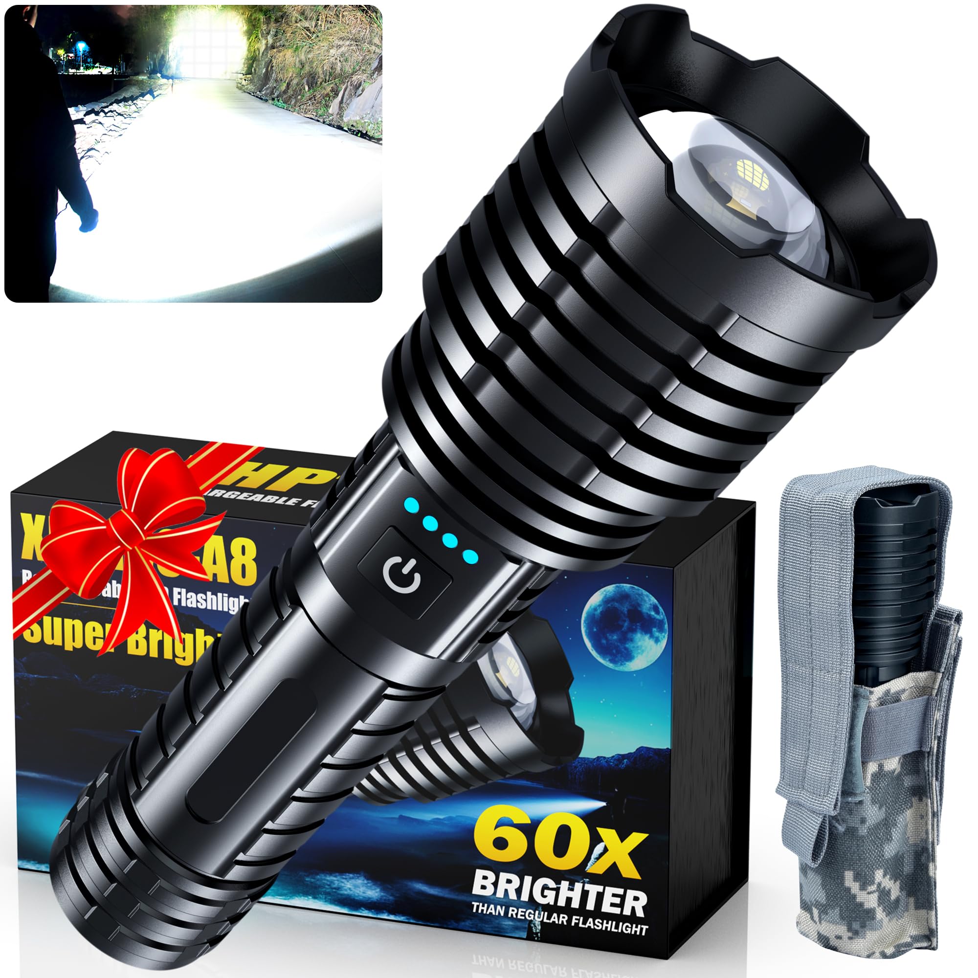 Super Bright Rechargeable Led Flashlights 2500000 High Lumens,Powerful Tactical Flashlight Up To 25H Long Battery Life|Zoomable|5Light Modes|Ip67 Waterproof,High Powered Flashlight For Camping Home