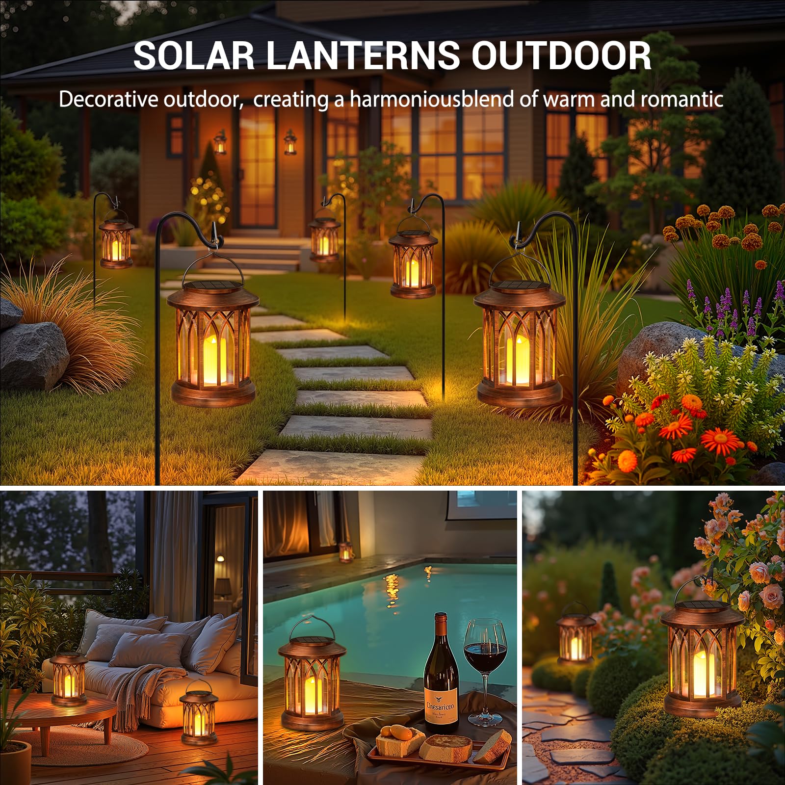 Kooper 4 Pack Solar Lantern Outdoor Lights, Hanging Solar Lanterns Outdoor Decorative, Lanterns Led Flickering Flameless Candle