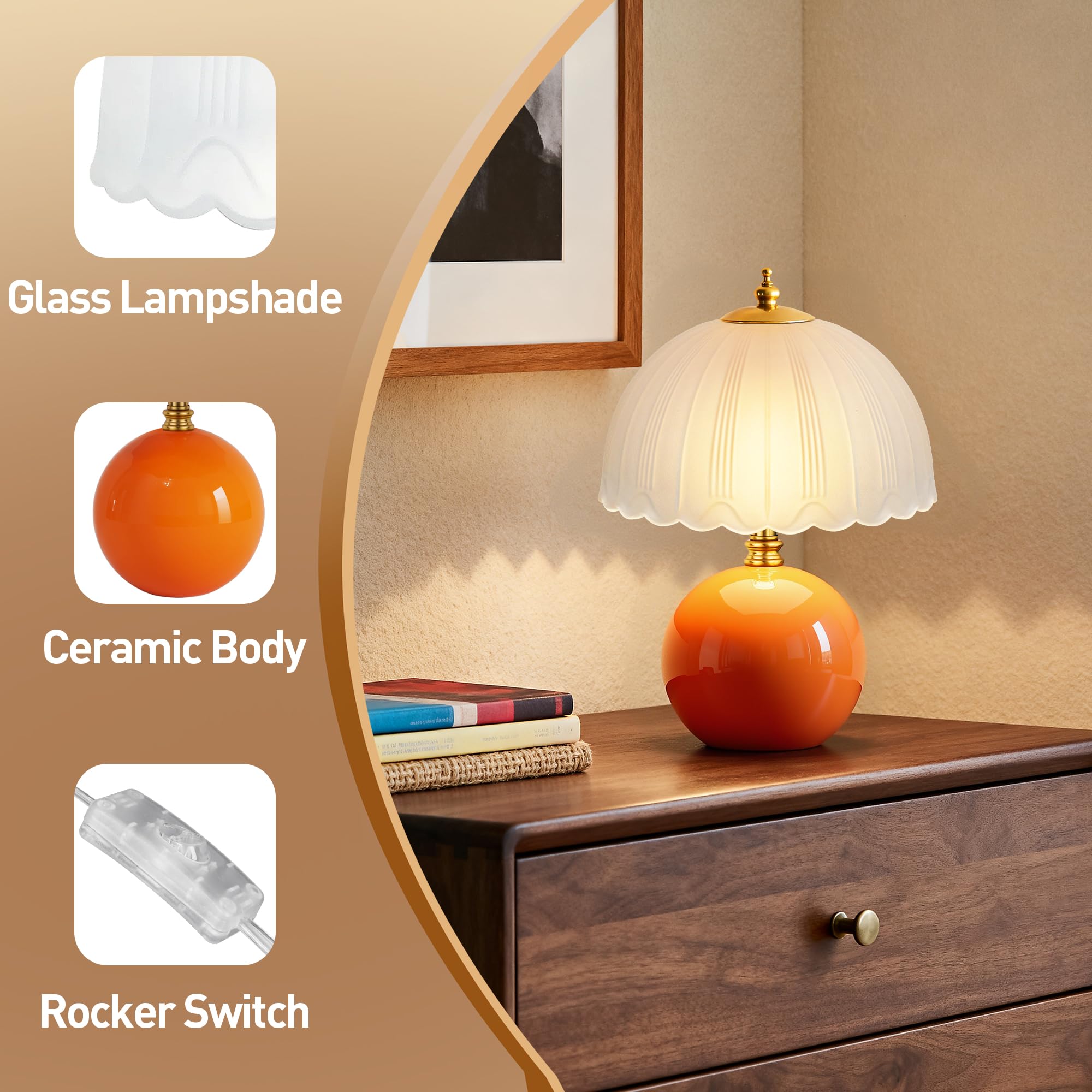 PARTPHONER Mushroom Table Lamp, Ceramic, 3-Way Lighting, Small Bedside Lamp, Orange, Model PALP524AE1