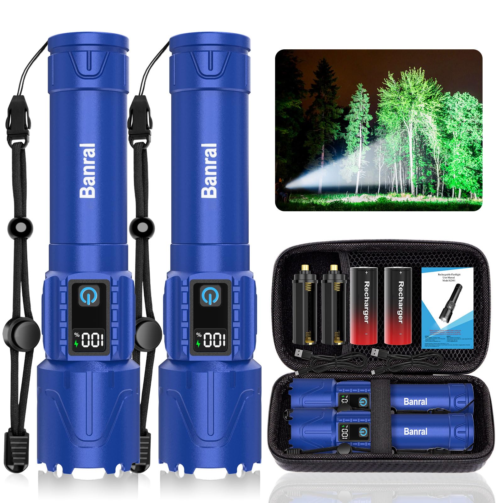 Banral Tactical Flashlight, 5000mAh LED, Waterproof, 5 Modes, Zoomable, Model K-2401-B, Blue