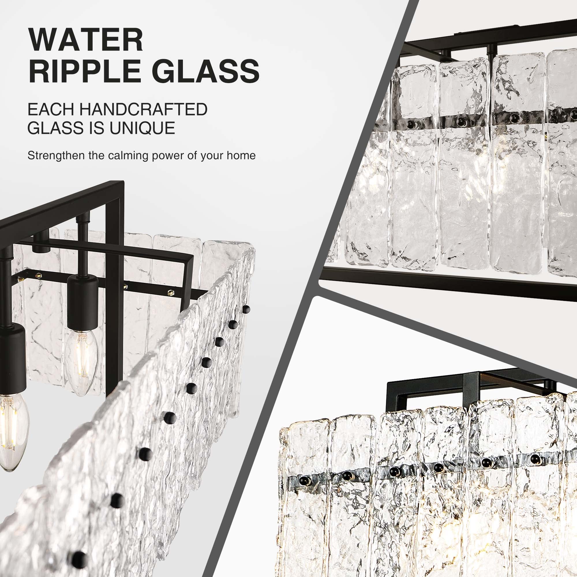 Modern Rectangle Black Crystal Chandeliers For Dining Room, 42'' Large Rectangular Water Ripple Glass Island Light Fixture, Line
