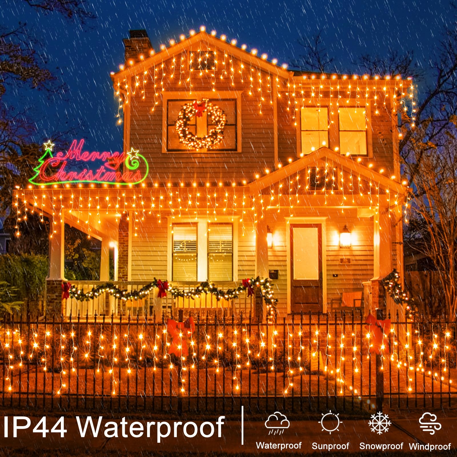 Orange Halloween Lights Outdoor, 66Ft 640Led Halloween Icicle Lights Outdoor 8 Modes With 75 Drops, Waterproof Orange Icicle Lights Plug In For Indoor Party Holiday Christmas Halloween Decorations