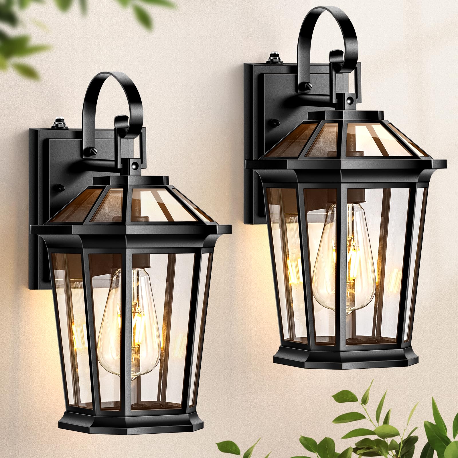 VIANIS Outdoor Wall Light Fixture, Black Aluminum, 2-Pack, Modern Design with Tempered Glass Shade