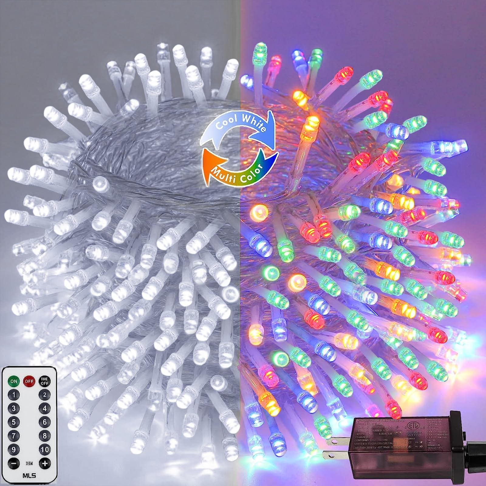 Cool White to Multicolor Color Changing 100 LED 33FT Christmas String Lights for Outdoor&Indoor, 11 Modes Christmas Tree Clear Wire Fairy Waterproof Lights with Memory Function & Remote & Timer