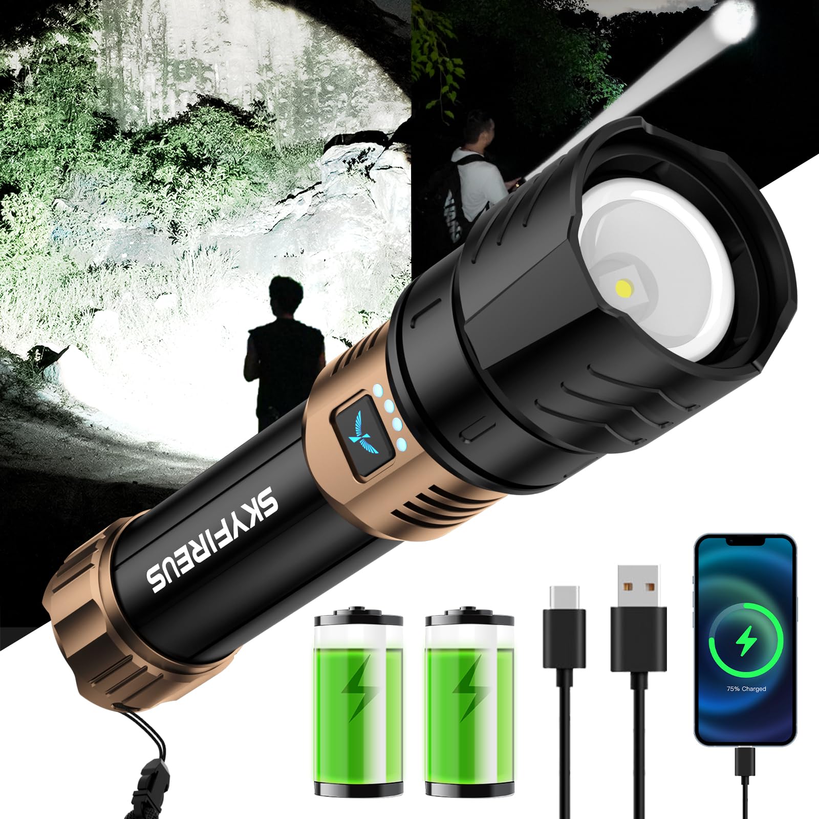 Skyfire Rechargeable Flashlight High Lumens Led Flashlight With 8000Mah Zoomable Four Modes Waterproof Bright Flash Light For Camping Essentials Outdoor Home-No Lens