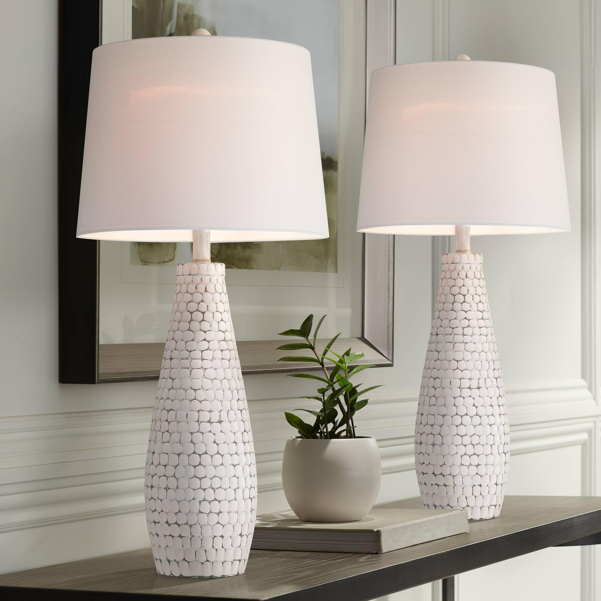 360 Lighting 29 1/2 Tall Modern Coastal End 3-Way Table Lamps Set of 2 USB Port Whitewash Ceramic Fabric White Shade Living Room