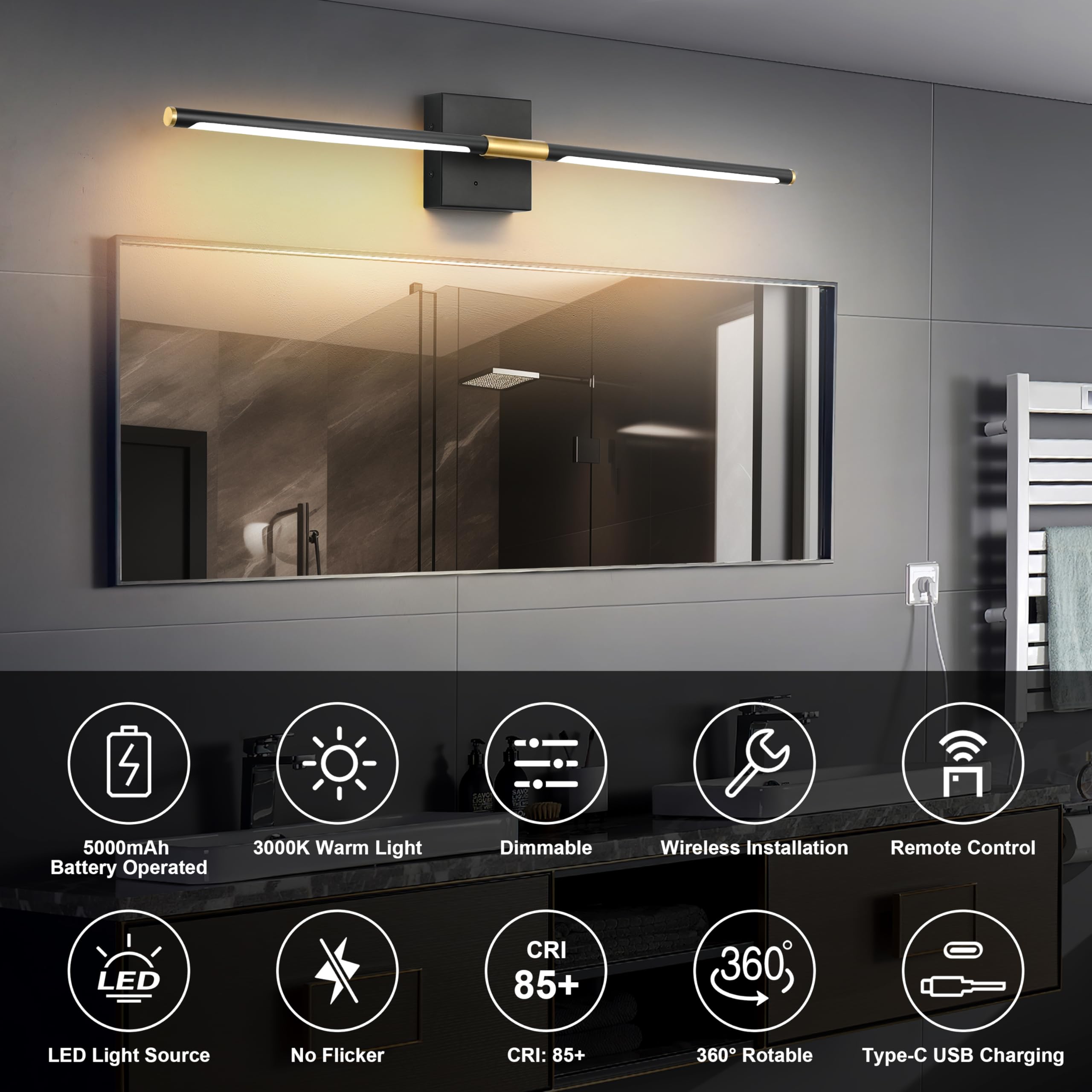 Morauroral Battery Operated Wall Sconces Set Of Two, Dimmable Wall Sconces With Remote Control, Black Gold Rechargeable Sconces,