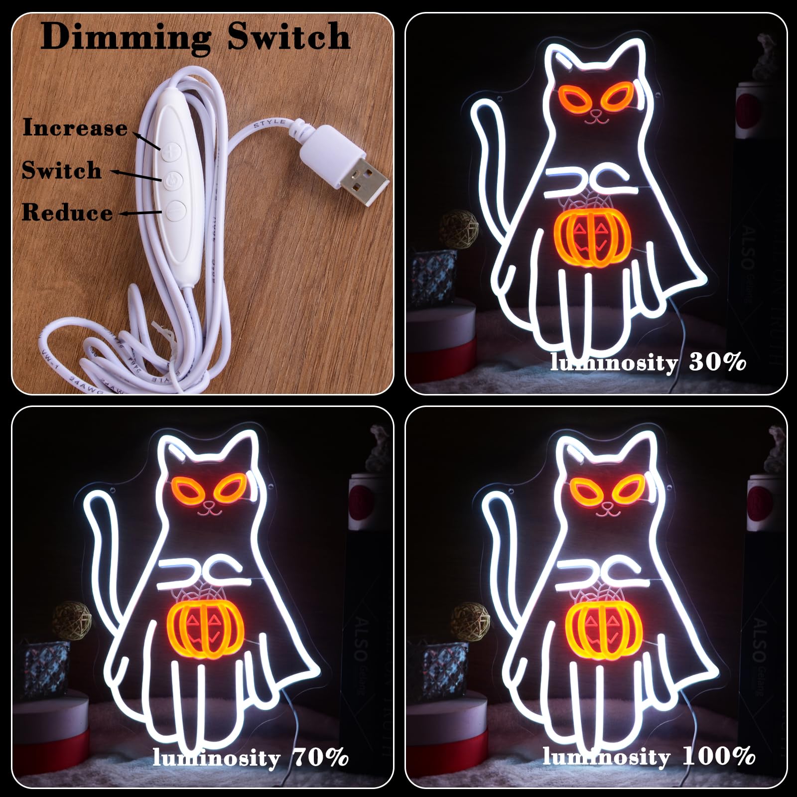 Wutrnjd Neon Light Sign - Cat Holding Jack-o-lantern, Acrylic, Halloween Decor, Trick-or-Treat, White Cat with Pumpkin