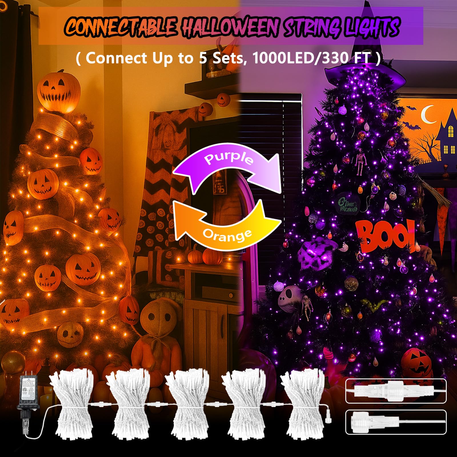 SANJICHA Halloween String Lights 200 LED 66FT Waterproof Clear Wire Orange to Purple, 11 Modes, Model MLS-D29V6WUC-O