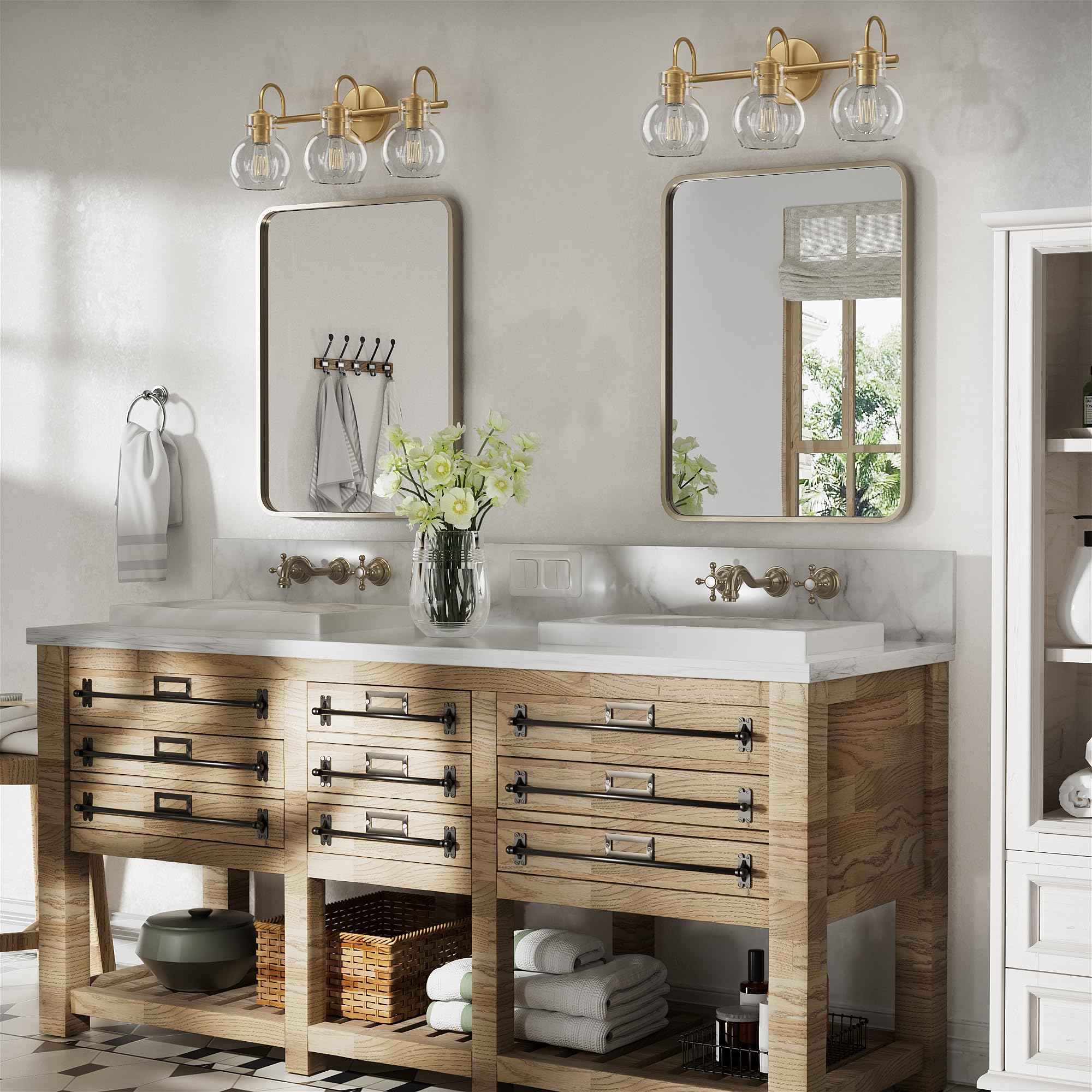 PRIMEPLUS Gold Vanity Light - 3 Light Bathroom Fixtures with Clear Globe Glass Shade, Model 2109-GD, Metal Sconces for Modern Decor