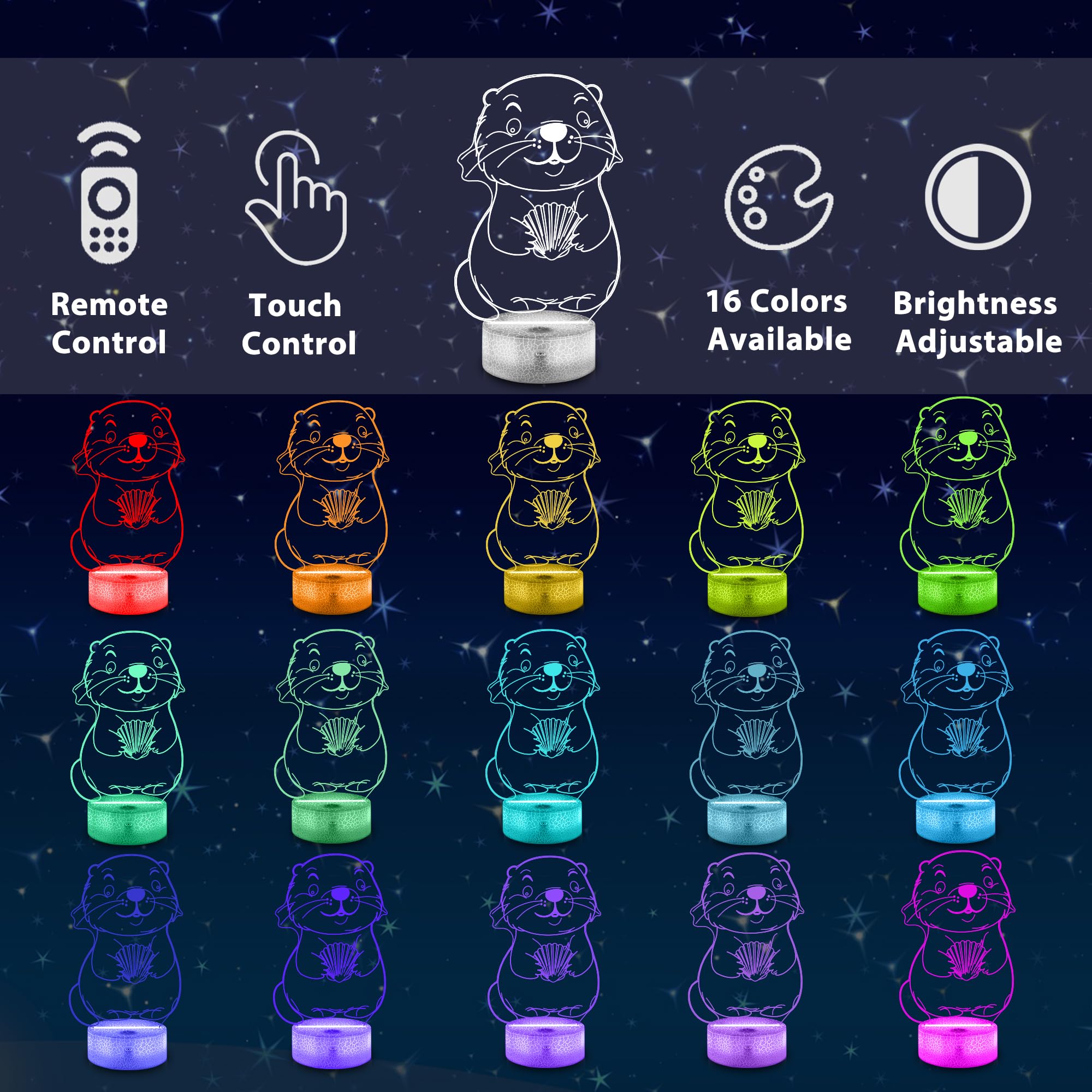 Ammonite Otter Lamp for Kids, 3D Otter Night Light Toy,16 Colors with Remote Control Kids Room Decor As Christmas Birthday Gifts