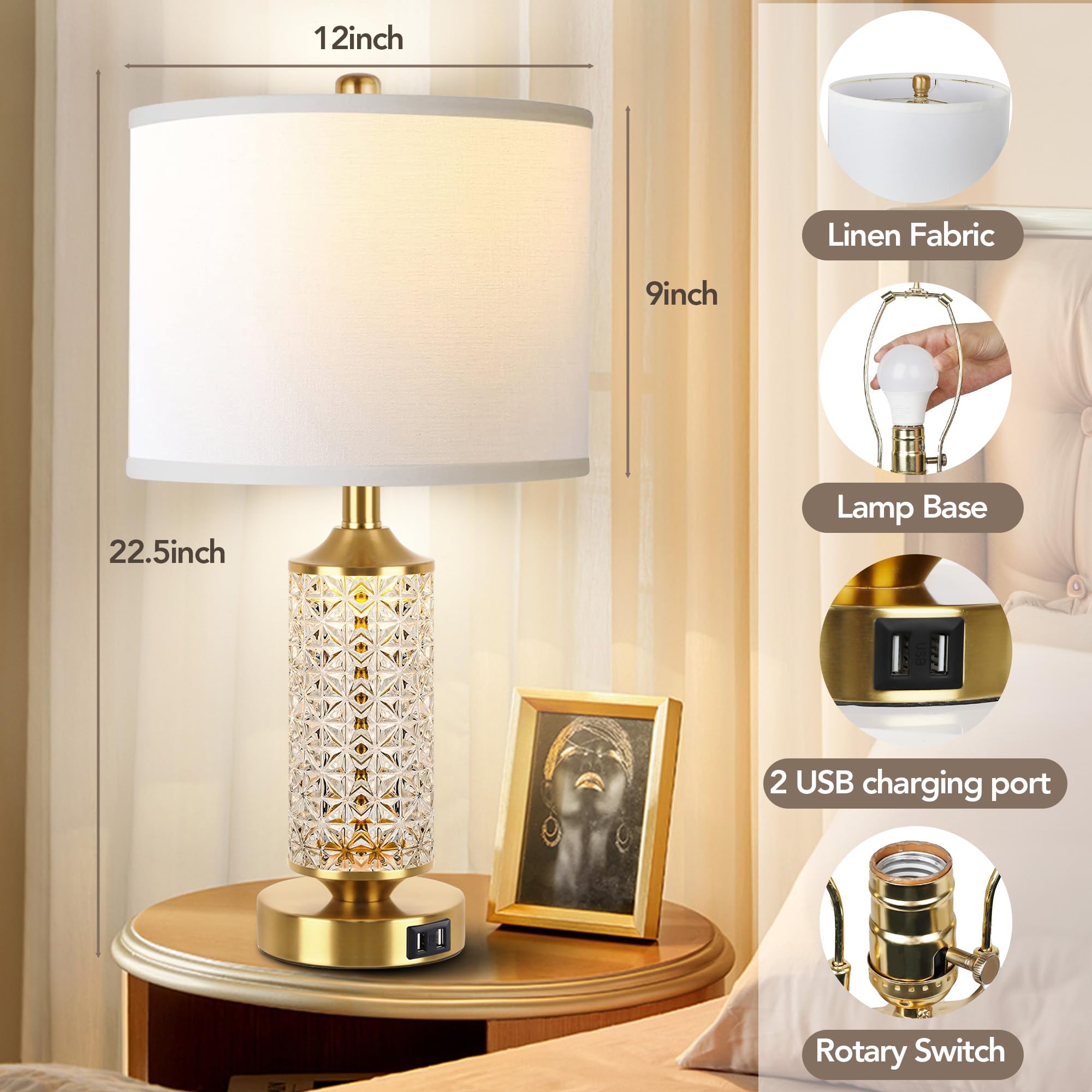 Qimh Set Of 2 Table Lamps With Usb Ports, Modern Bedside Lamp With Led Night Light For Bedroom, Nightstand Lamps For Living Room