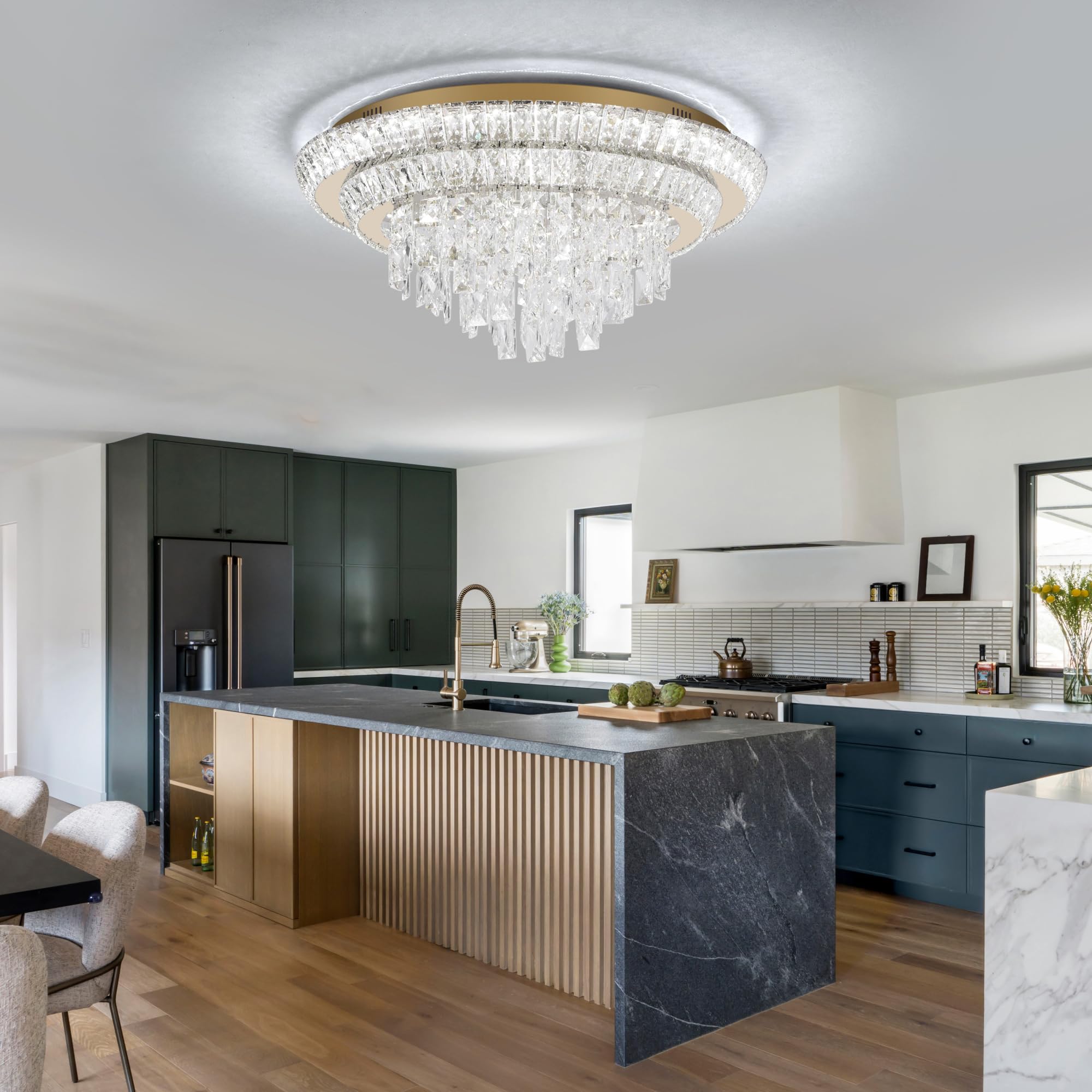Redstar 24'' Crystal Gold Ceiling-Light Flush Mount With Remote Control, 3 Colors Temp & Brightness Adjustable, Modern Crystal R