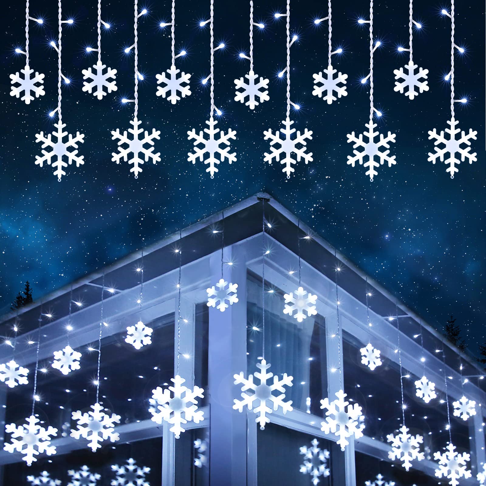Toodour Christmas Snowflake Lights Outdoor, 17.22ft 264 LED Snowflake Icicle Lights with 22 Drops, Connectable, 8 Modes Waterproof White Christmas Lights for Curtain, Eaves, Window, Xmas Decorations