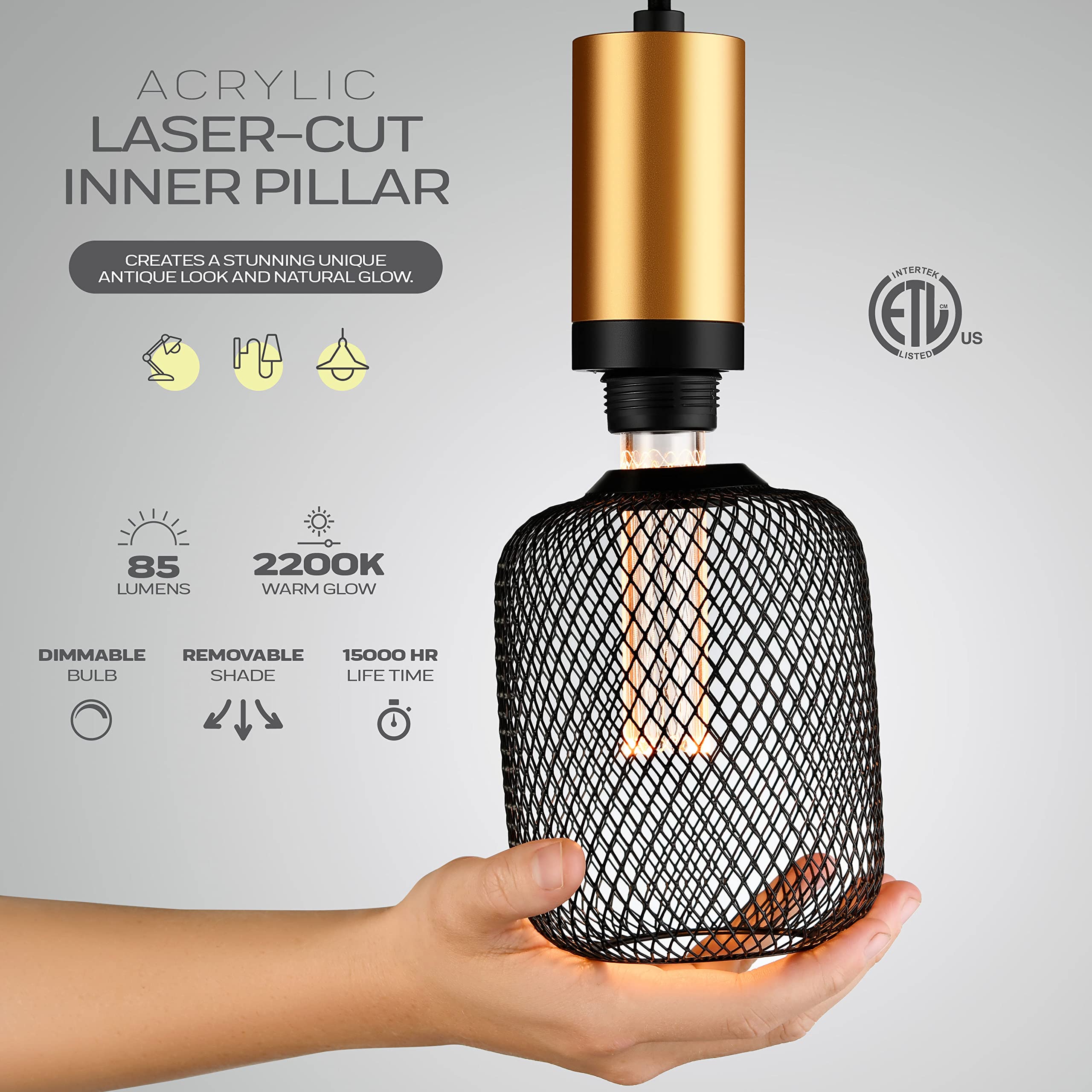 Next Glow LED Decorative Light Bulb, Black Metal Cage, Dimmable, Vintage Edison Style, 3.5W Equivalent, Cylinder Size