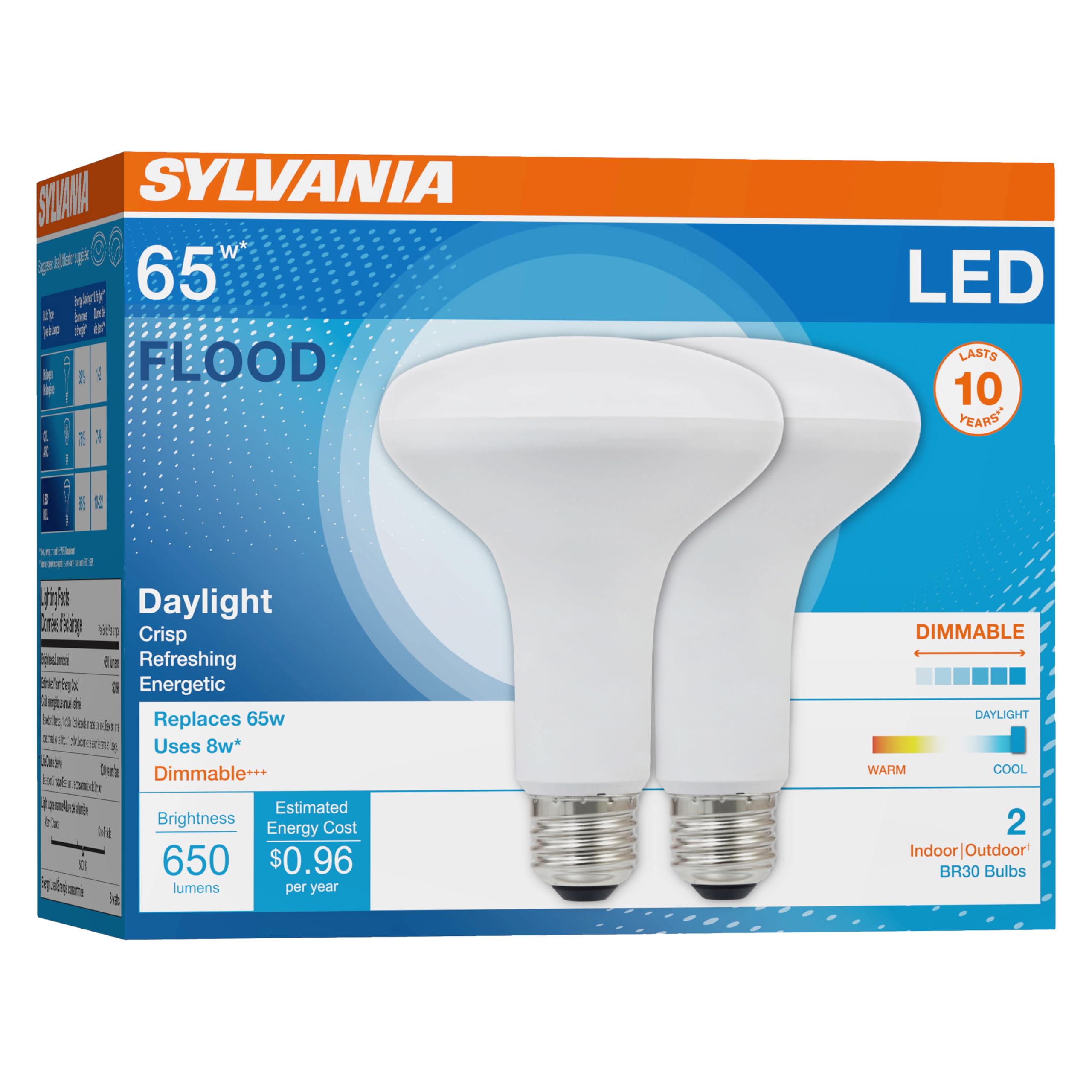 Sylvania LED Flood BR30 Light Bulb, 65W=8W, 10 Year, Medium Base, 650 Lumens, Dimmable, 5000K, Daylight - 2 Pack (73956)