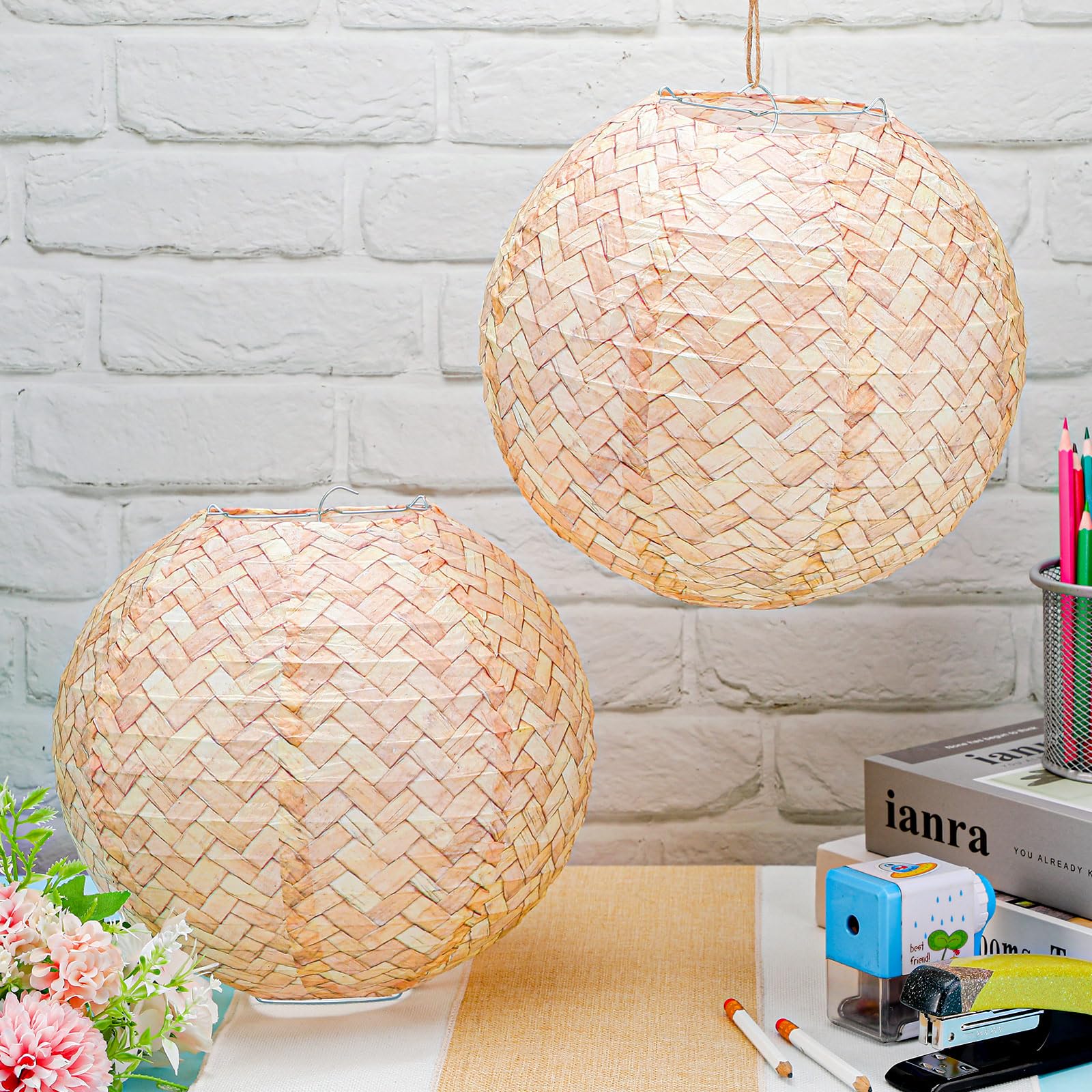 Retisee 12 Pcs 10 Inch Print Woven Paper Lanterns Burlap Paper Lanterns Round Hanging Chinese Decorative Farmhouse Boho Party De