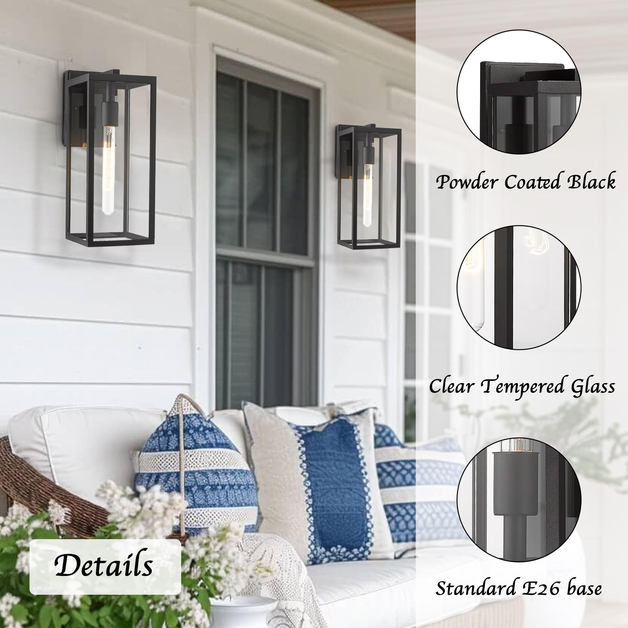 Bestshared Outdoor Wall Lantern, 15" Black Metal Sconce Light, Clear Glass, 2 Pack, Model 4176