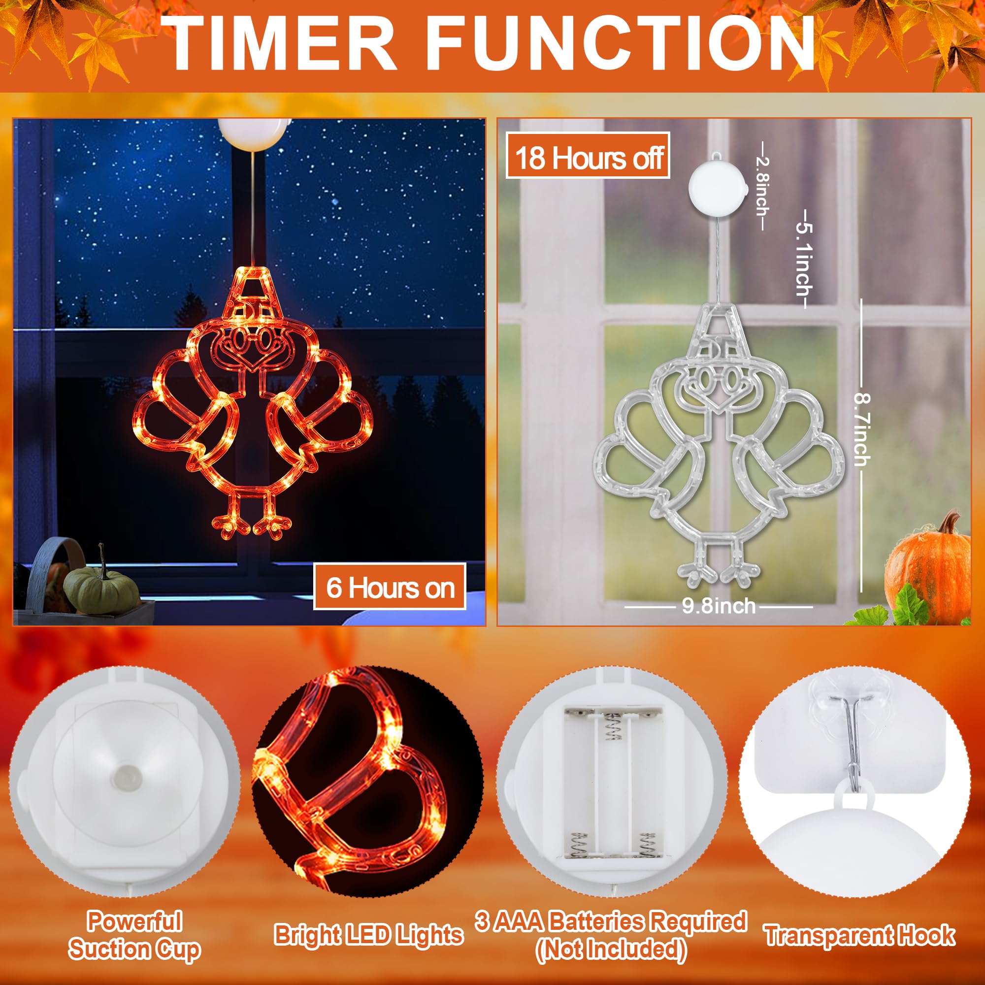 [Timer] 3 Pcs Thanksgiving Turkey Decorations Window Lights, Battery Operated Thanksgiving Lights With Suction Cup, Turkey Lights Thanksgiving Decorations For Home Indoor Thanksgiving Party Decor