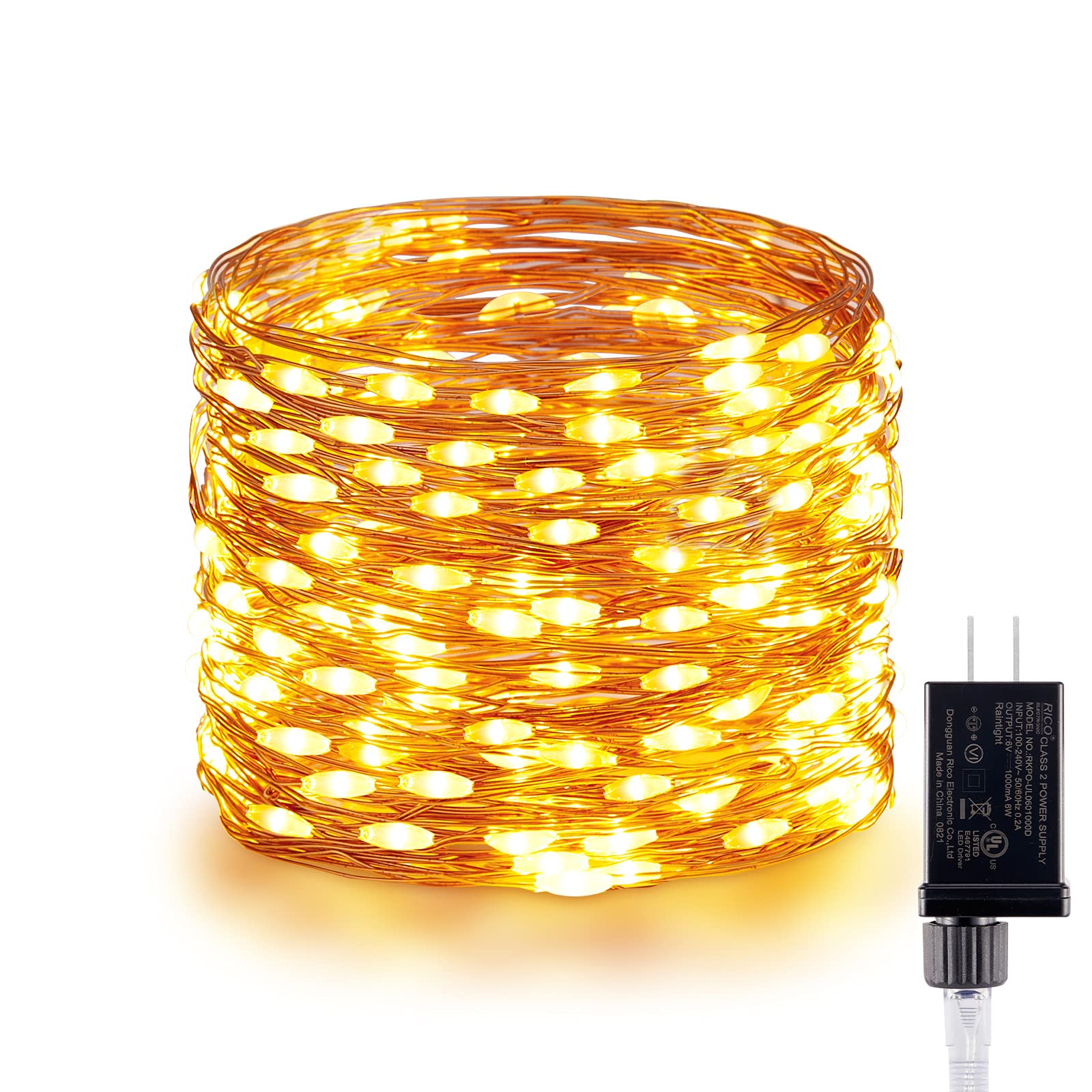 Minetom Christmas Twinkle Lights, 200 LED Fairy String Lights, 72 Ft, Warm White, Copper Wire, Model JT-EL/FC045V1000