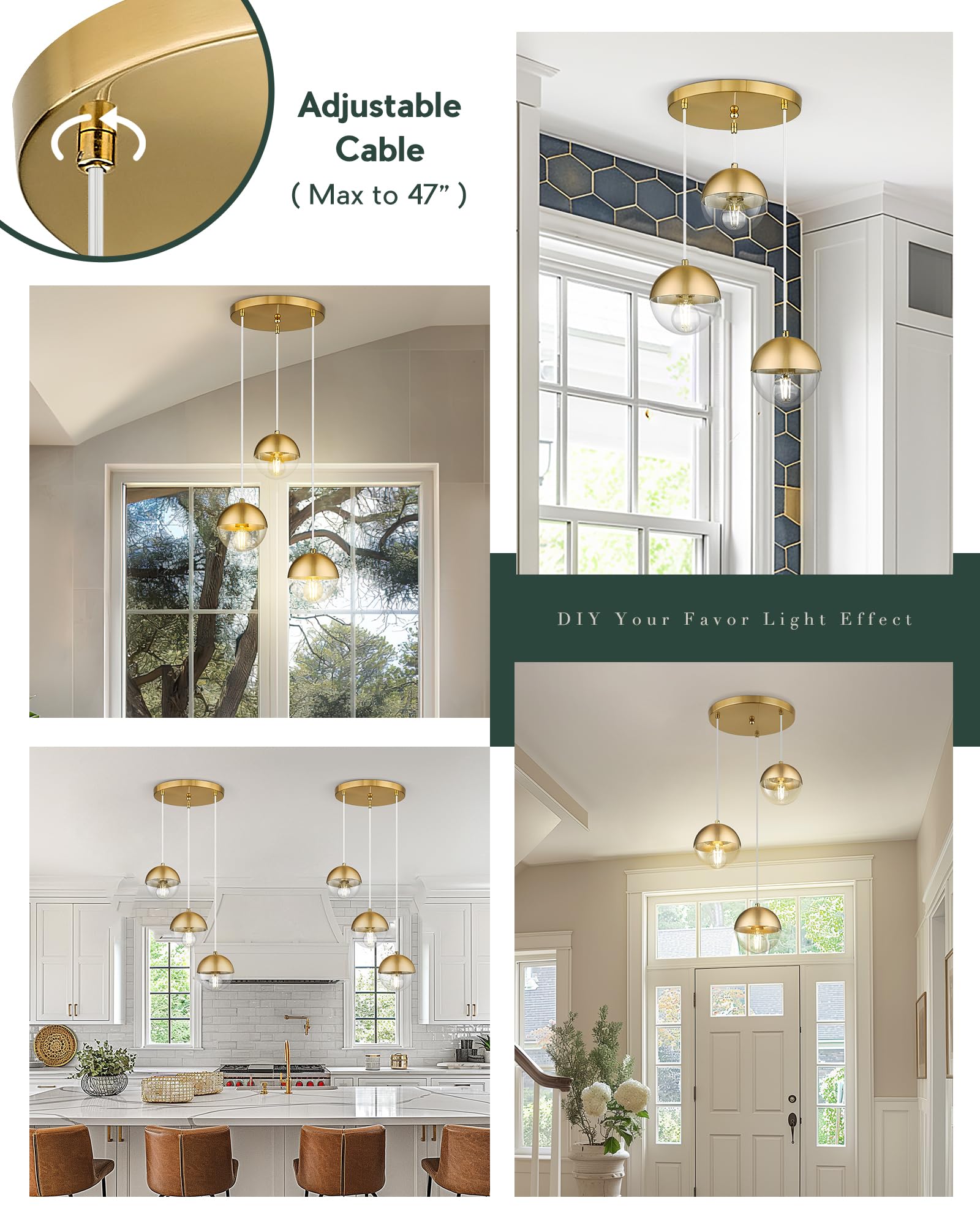 Lms Brushed Gold 3-Light Cluster Pendant Lights, Modern Kitchen Island Lighting With Clear Globe Glass Shade, Adjustable Hanging