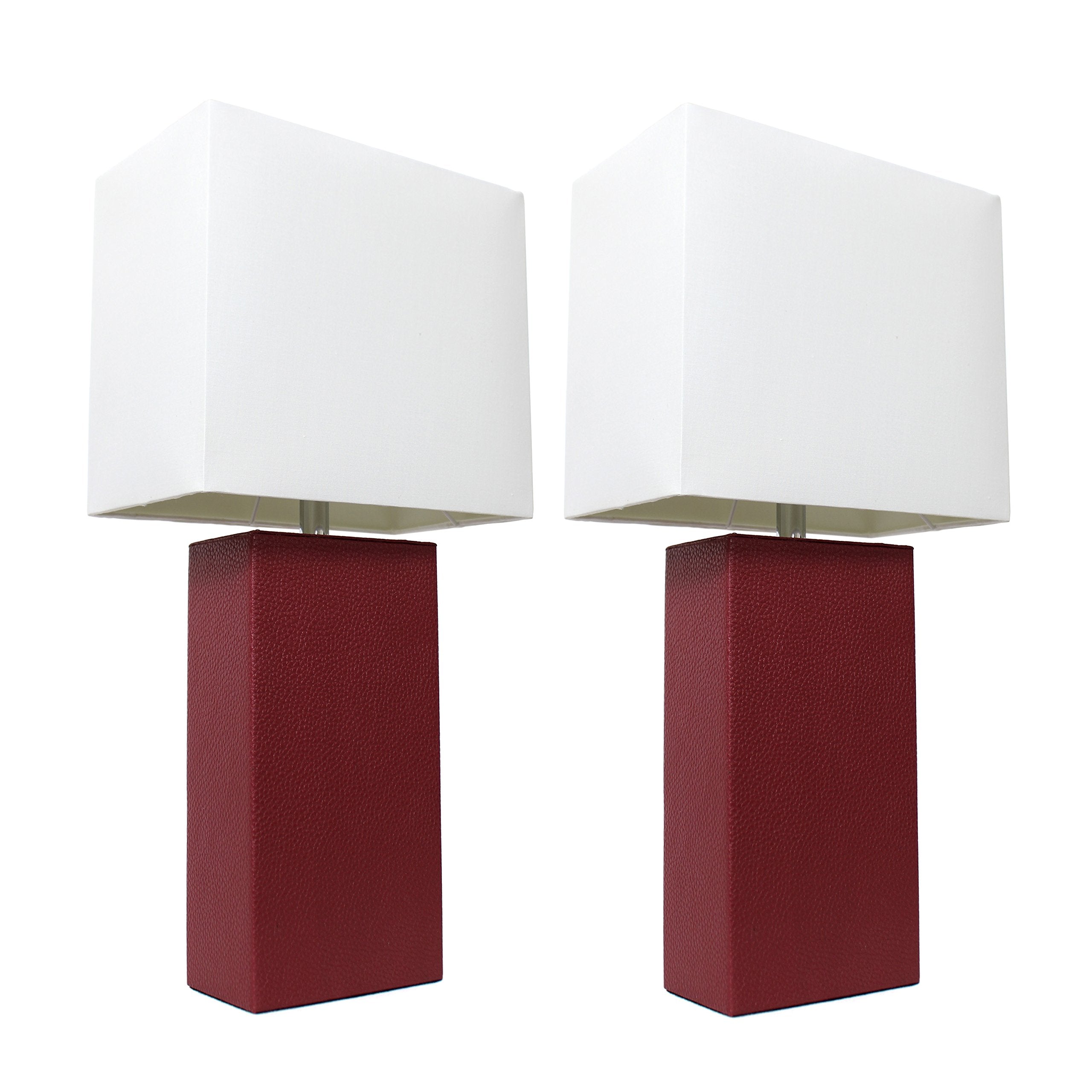 Elegant Designs Lc2000-Red-2Pk 2 Pack Modern Leather Table Lamps With White Fabric Shades, Red