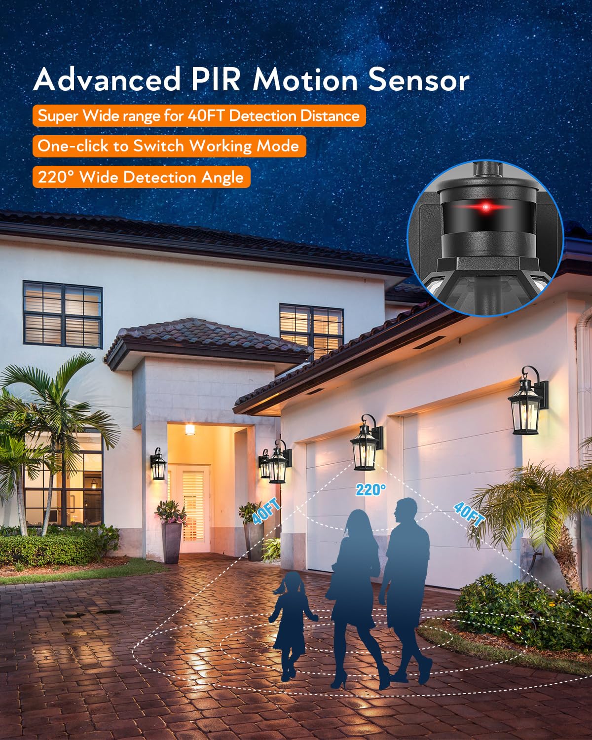 Vianis Motion Sensor Outdoor Wall Lights, Dusk To Dawn Exterior Light Fixtures Wall Mount, Waterproof Modern Black Outside Front