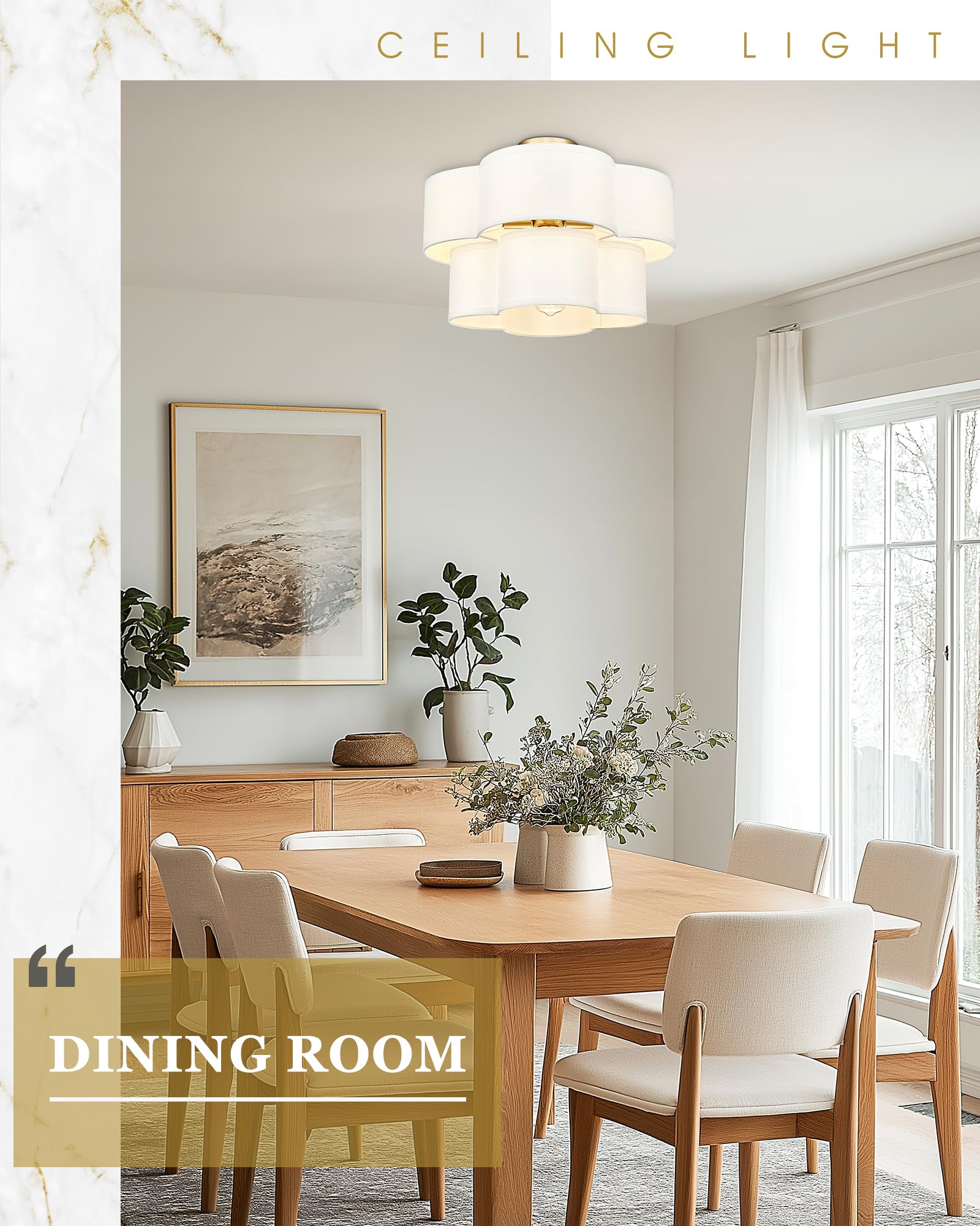 Audickic Gold Semi Flush Mount Ceiling Light, 5-Light 18'' Ceiling Light Fixtures With Double Fabric Drum Shade In Quatrefoil Sh