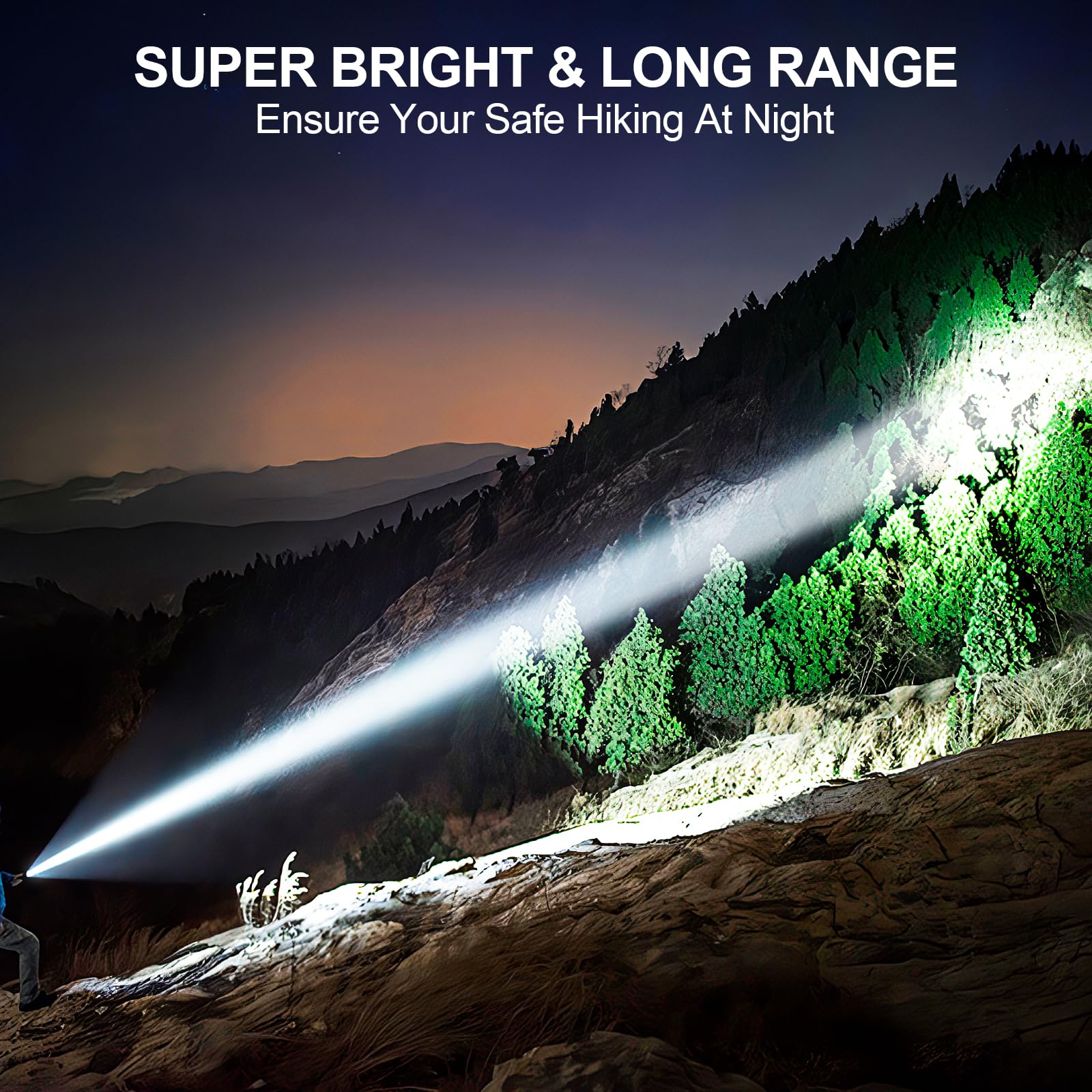 Banral High Lumens Rechargeable Flashlight, 1500m Range, 6 Modes, Waterproof, Aluminum, Yellow Gold, Model K-2316-B