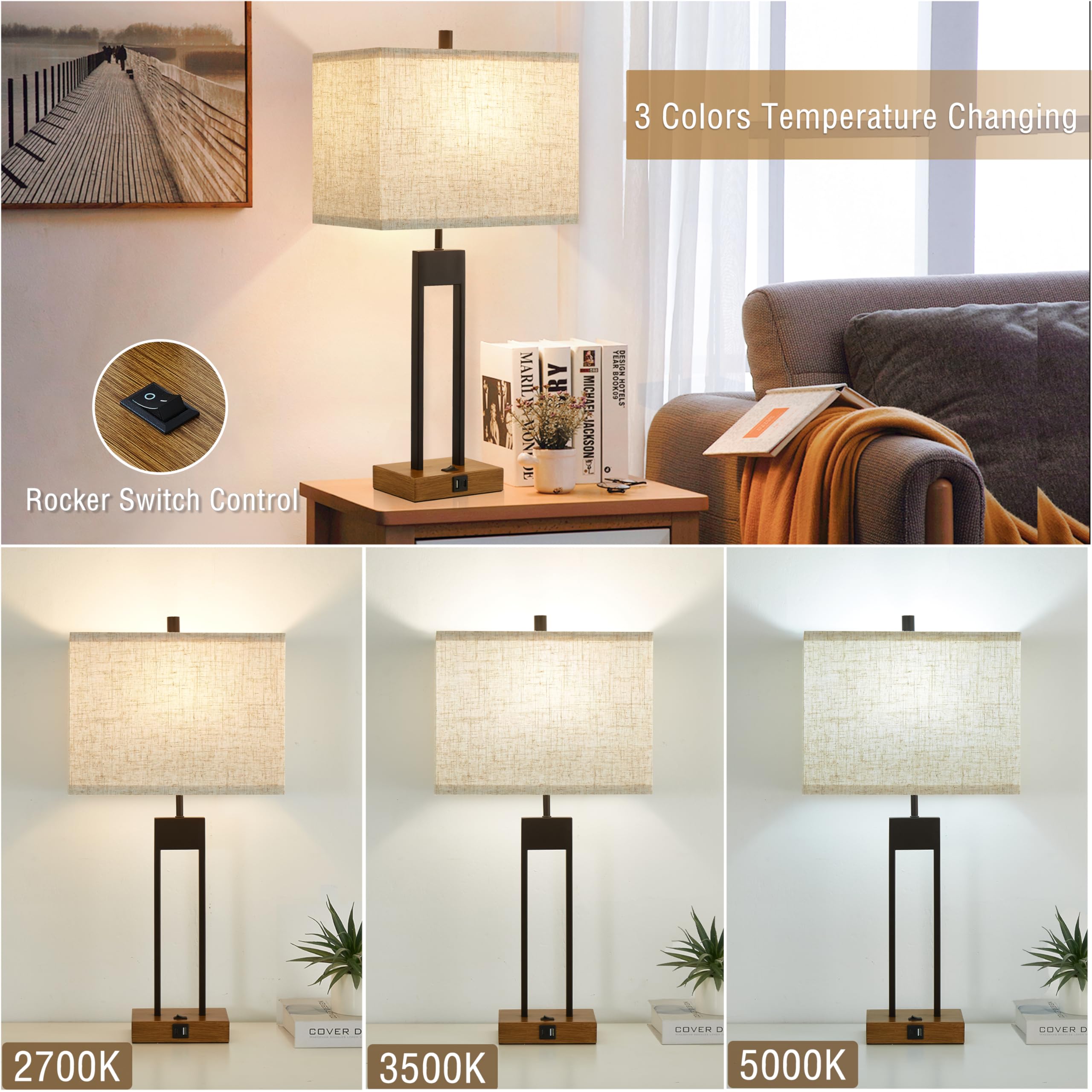 25.5’’ Set Of 2 Table Lamp With Usb C+A Ports, 3 Colors Changeable Bedside Lamps, Modern Bedroom Lamps For End Tables Set Of 2, Brown Night Stand Lamps For Bed Side Guest Room Office Reading