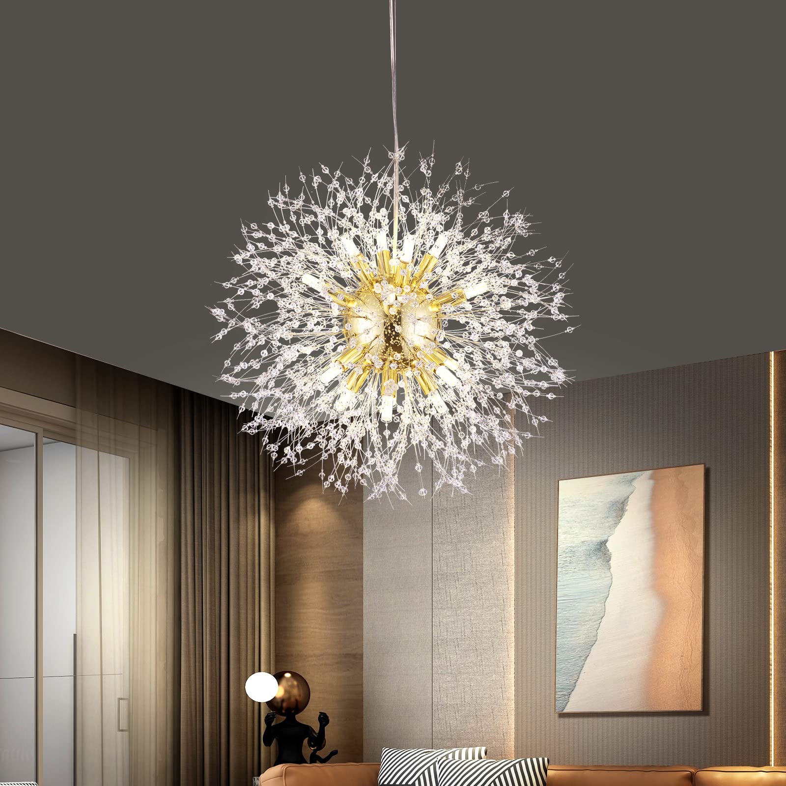 Yiisem Modern Gold Crystal Chandeliers, 16-Light Dandelion Firework Pendant Lighting, Hanging Chandelier Light Fixtures For Dining Room Bedroom Living Room Kitchen Island