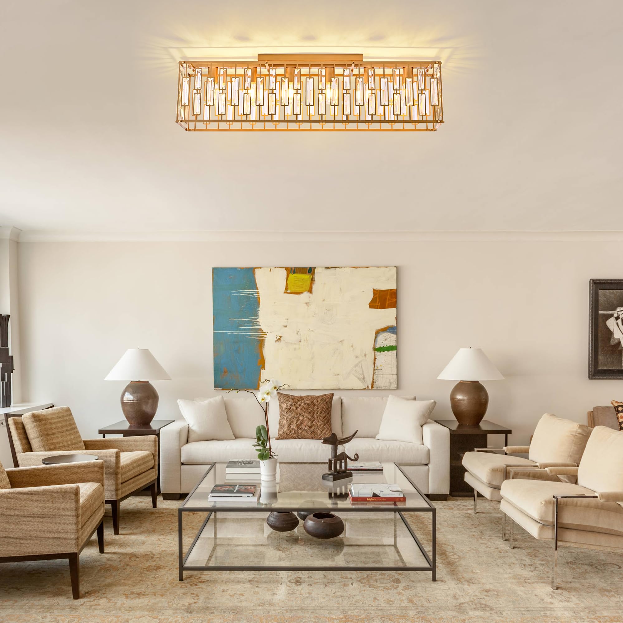 Garwarm Gold Crystal Chandelier, 6-Light Rectangle Flush Mount Ceiling Light, Model TT-JD1002G-6, for Living Room and Dining Room