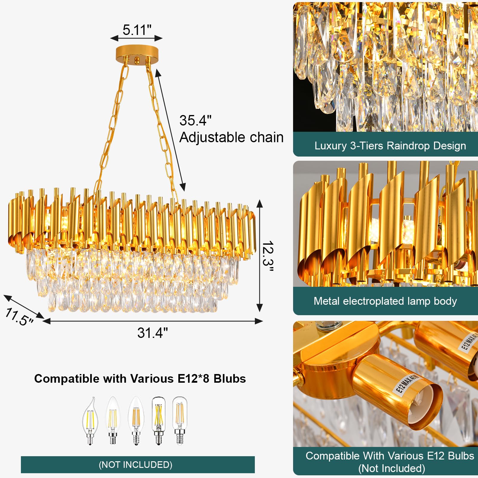 AKDXIRUN 8-Light Modern Crystal Chandelier, Gold, L32 inches, Oval Design for Dining Room, Living Room, Kitchen Island, Model XR00173