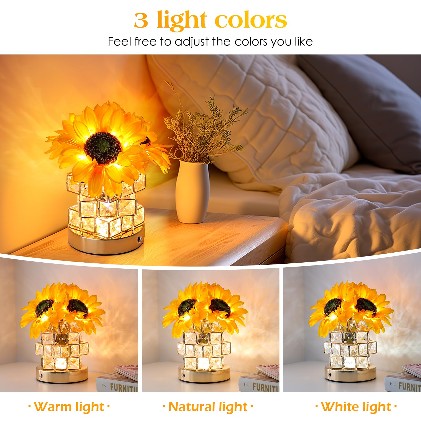 Sunflowers Flower Lamp,Rechargeable Cordless Touch Table Lamp,3-Colour Infinitely Dimming Battery Powered Small Night Light,Fest