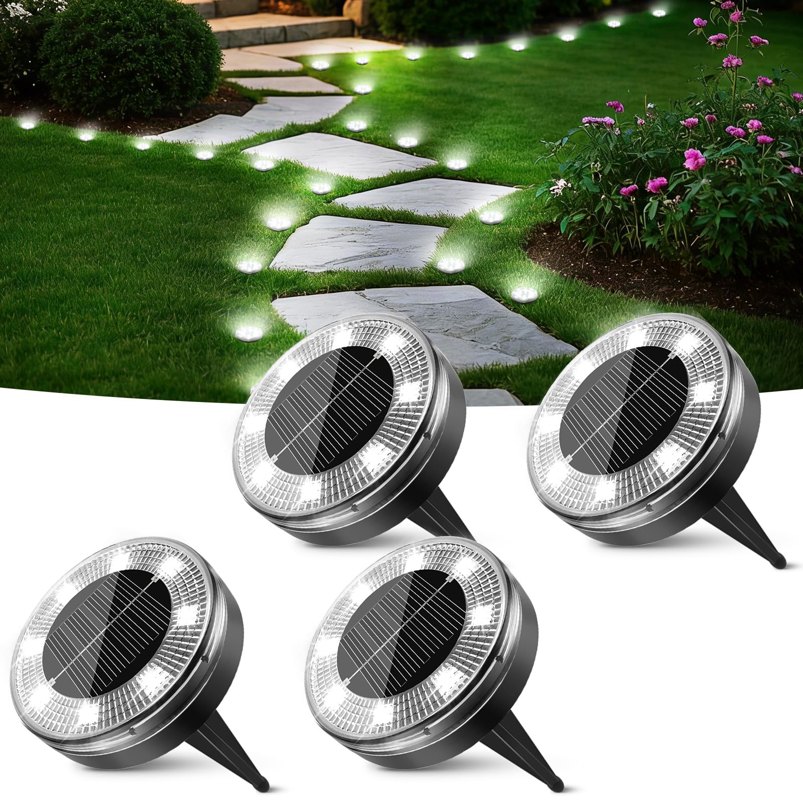 Peasur Mini Solar Ground Lights  4 Pack Flat Solar Disc Lights Outdoor Waterproof  2.3 Inch Small Solar Garden Lights Landscape Lighting for Outside Pathway Garden Yard Lawn Walkway Cool White
