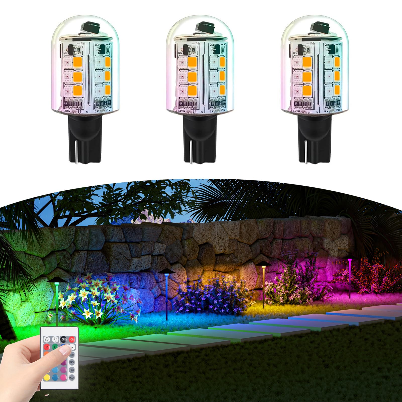 Makergroup Rgb T5 T10 Wedge Base Led Light Bulbs 12V Color Changing  Warm White+15 Multi-Colors And Dimmable On Remote Control  Weatherpoof For Outdoor Low Voltage Landscape Lighting