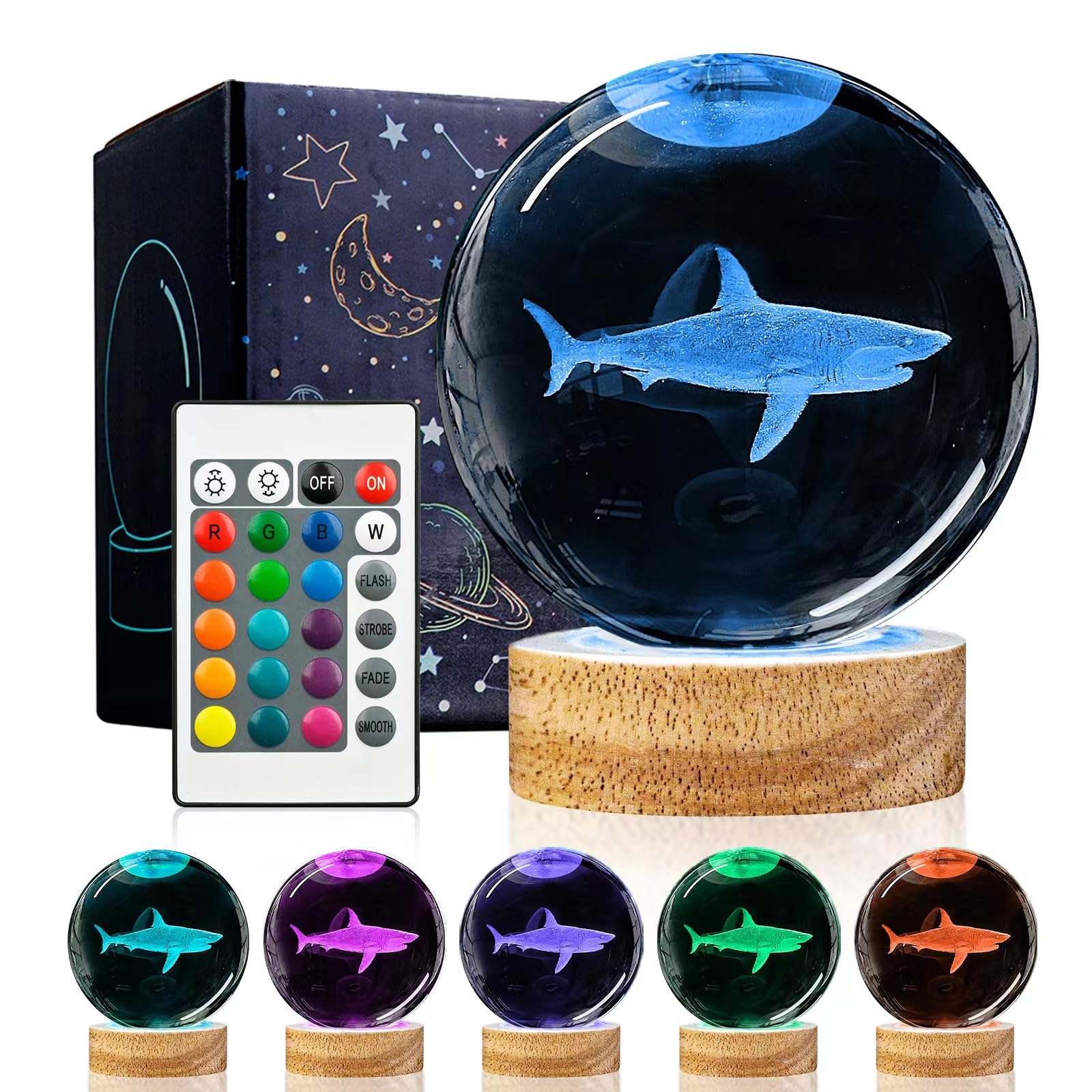 Huntalg 3D Shark Crystal Ball Night Light with Remote Upgraded 3.15 in Shark Glass Ball Table Lamps with 16 Color Led Wooden Bas