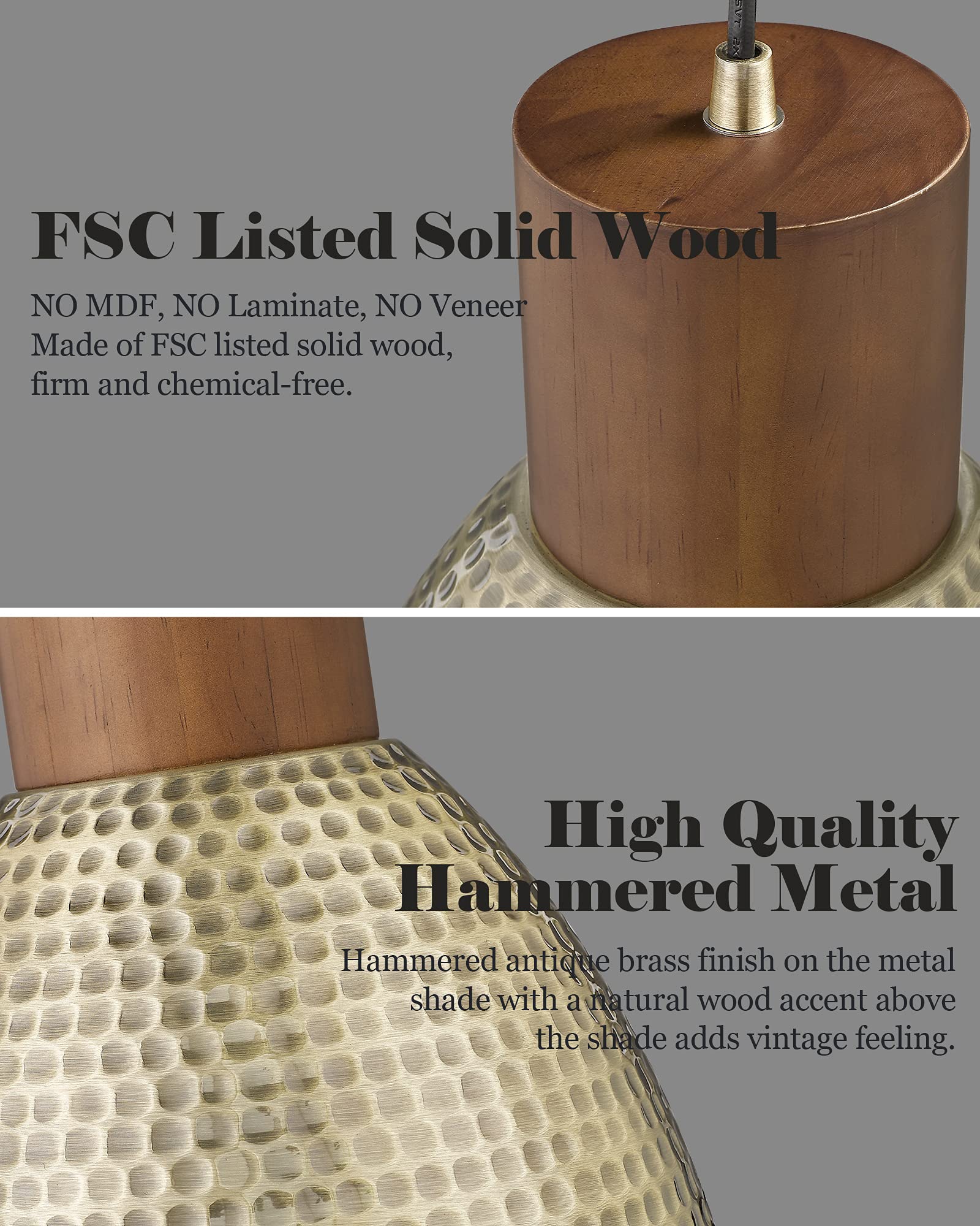 Elyona Vintage Hammered Metal Pendant Lights, Adjustable Height, Antique Gold, 3 Pack, Small