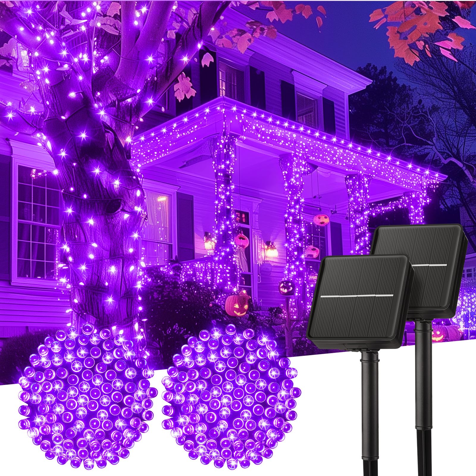 Minetom Solar Halloween Lights Outdoor - 4 Pack Total 160FT 400 LED Halloween String Lights with 8 Lighting Modes, IP65 Waterproof Solar String Lights for Outside Tree Party Decor, Purple
