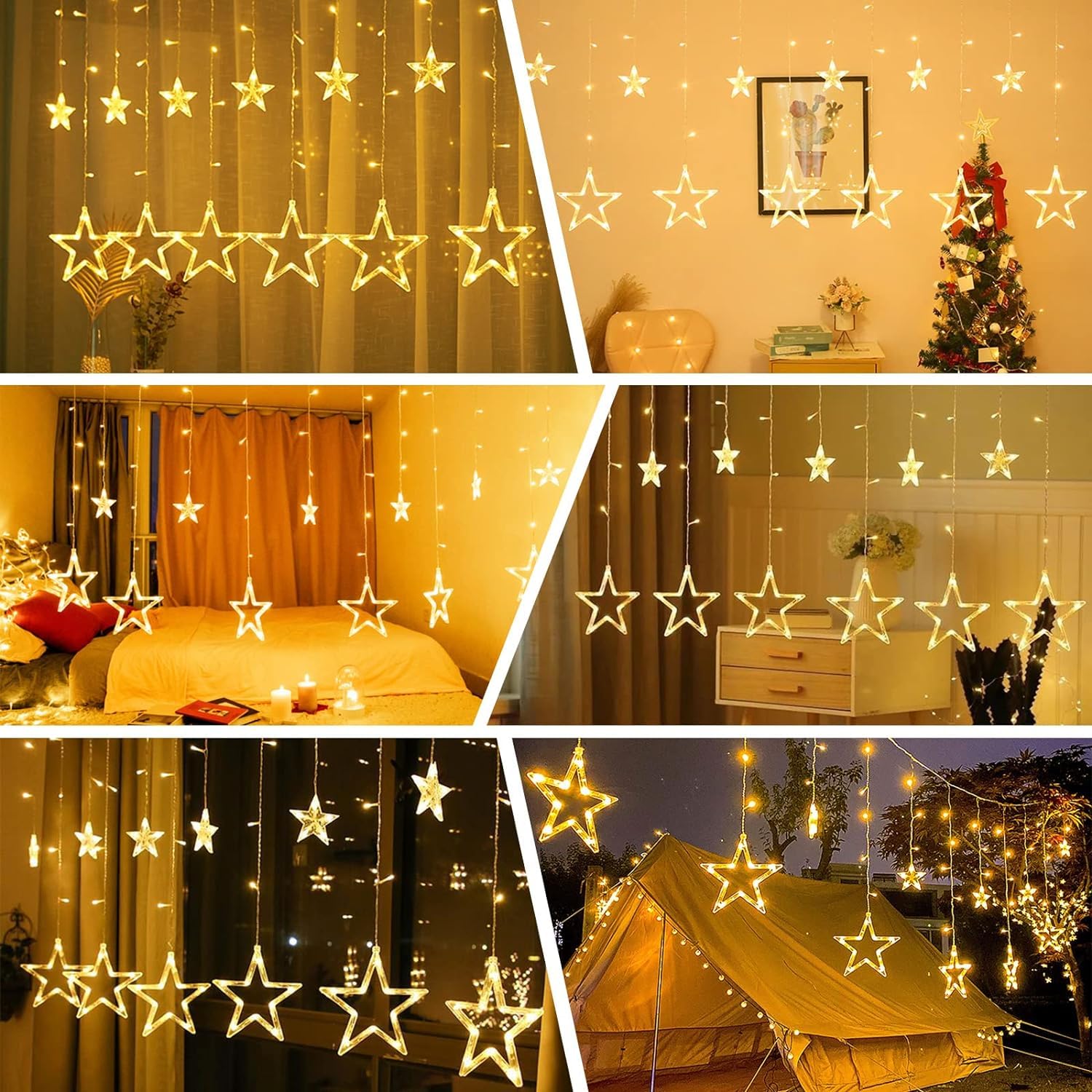 Star Curtain Lights For Bedroom - Plug-In 9Ft 138 Led Fairy Twinkle Lights With 12 Star Drops, Connectable Window Lights With Remote 8 Lighting Modes For Indoor Xmas Ramadan Decoration, Warm White