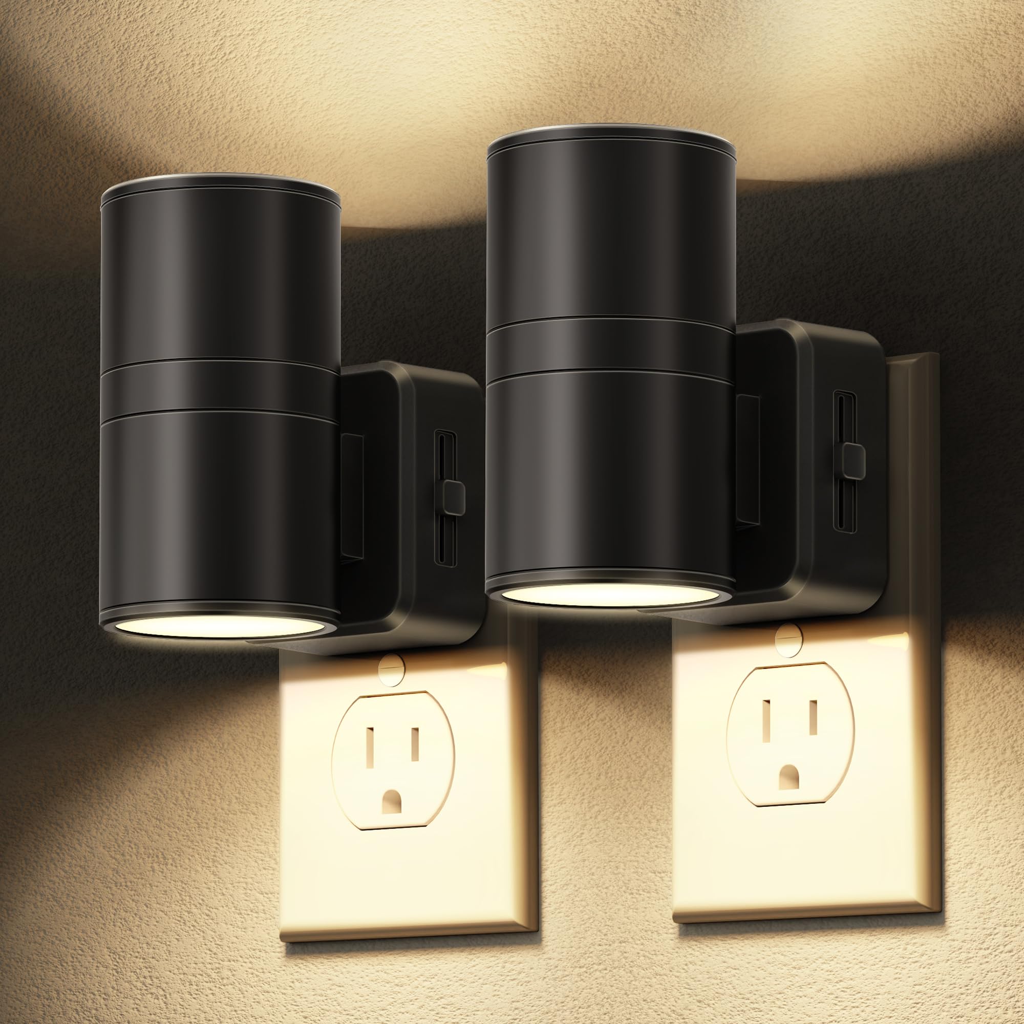 L LOHAS LED Night Light, 2 Pack Dimmable 3000K Soft White, Automatic Light Sensor, Metal Black, Model GY06102BLUS-2