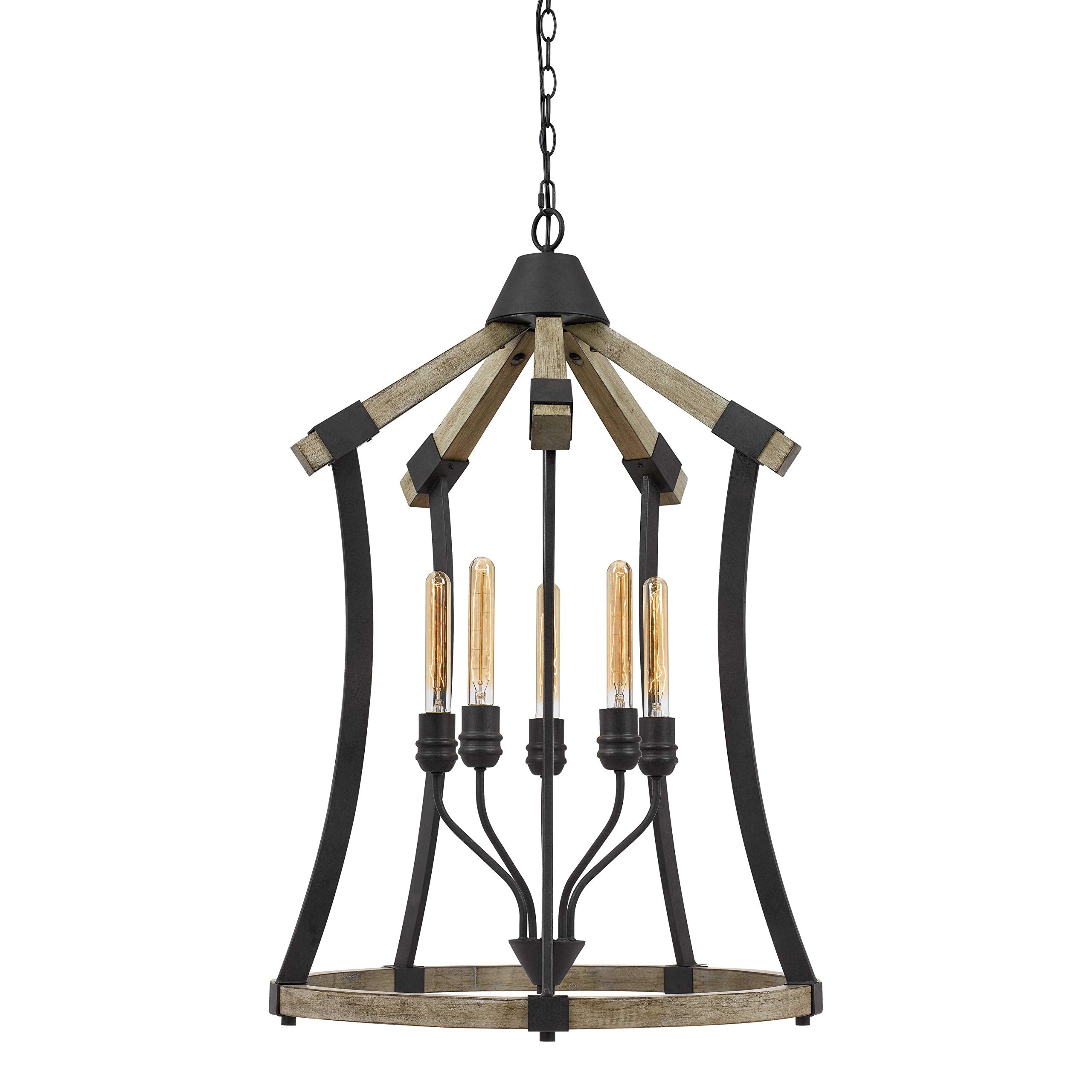 Benjara 5 Bulb Pendant Fixture With Wooden And Metal Frame, Brown And Black