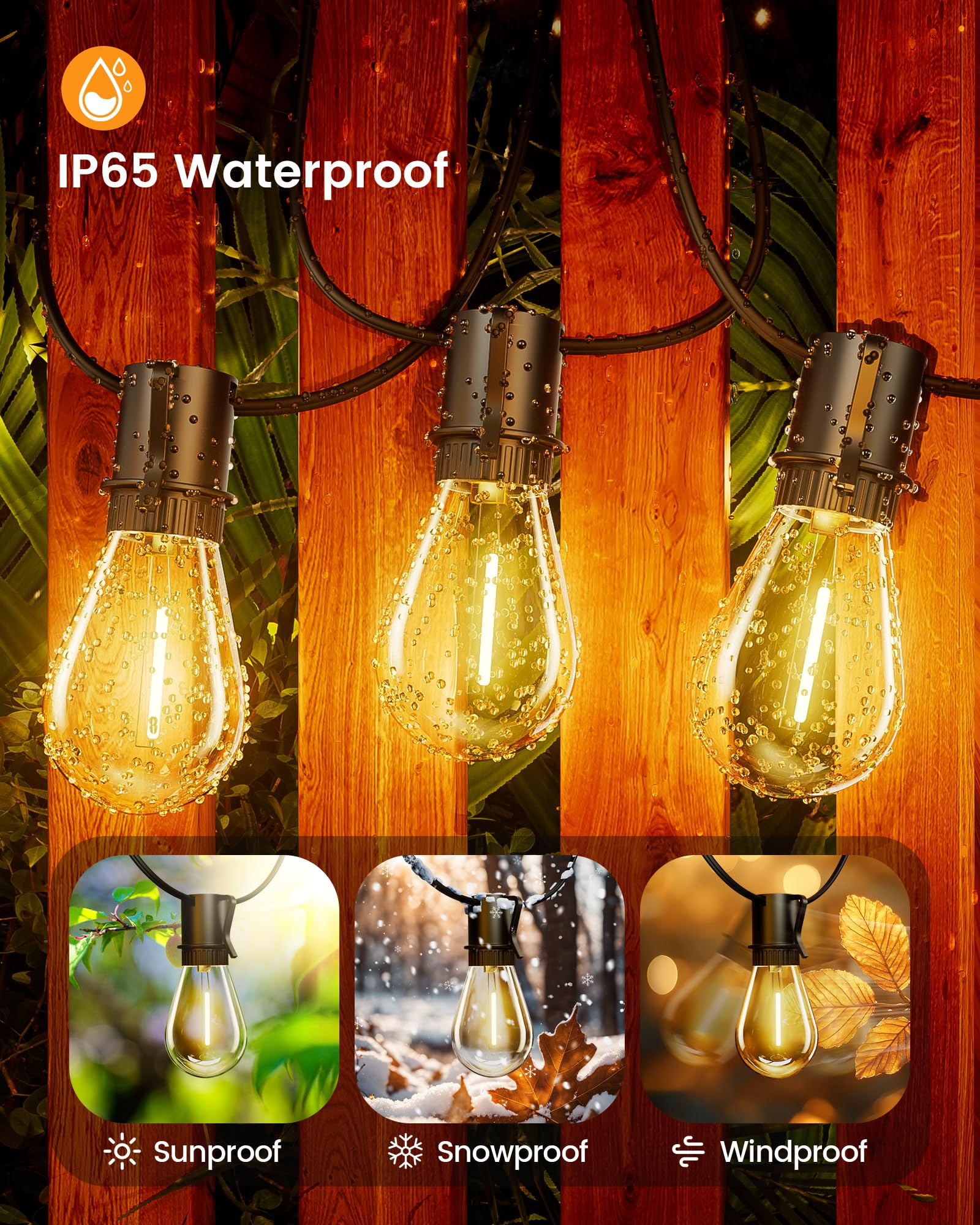 Torkase 50FT Outdoor String Lights, LED S14 Shatterproof Bulbs, Waterproof Dimmable Patio Lights, Warm White, Model GLS-20J2P-E17-S14-